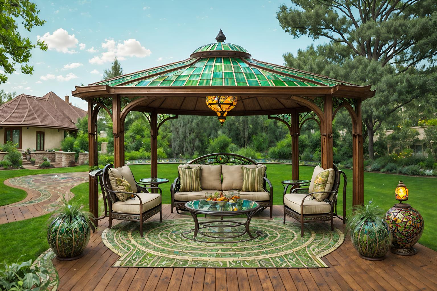 art nouveau-style designed (outdoor patio ) with grass and barbeque or grill and patio couch with pillows and deck with deck chairs and plant and grass. . with natural materials and stained glass and curved glass and mosaics and arches and curved forms and wallpaper pattners of spider webs and soft, rounded lines and stained glass. . cinematic photo, highly detailed, cinematic lighting, ultra-detailed, ultrarealistic, photorealism, 8k. art nouveau design style. masterpiece, cinematic light, ultrarealistic+, photorealistic+, 8k, raw photo, realistic, sharp focus on eyes, (symmetrical eyes), (intact eyes), hyperrealistic, highest quality, best quality, , highly detailed, masterpiece, best quality, extremely detailed 8k wallpaper, masterpiece, best quality, ultra-detailed, best shadow, detailed background, detailed face, detailed eyes, high contrast, best illumination, detailed face, dulux, caustic, dynamic angle, detailed glow. dramatic lighting. highly detailed, insanely detailed hair, symmetrical, intricate details, professionally retouched, 8k high definition. strong bokeh. award winning photo.