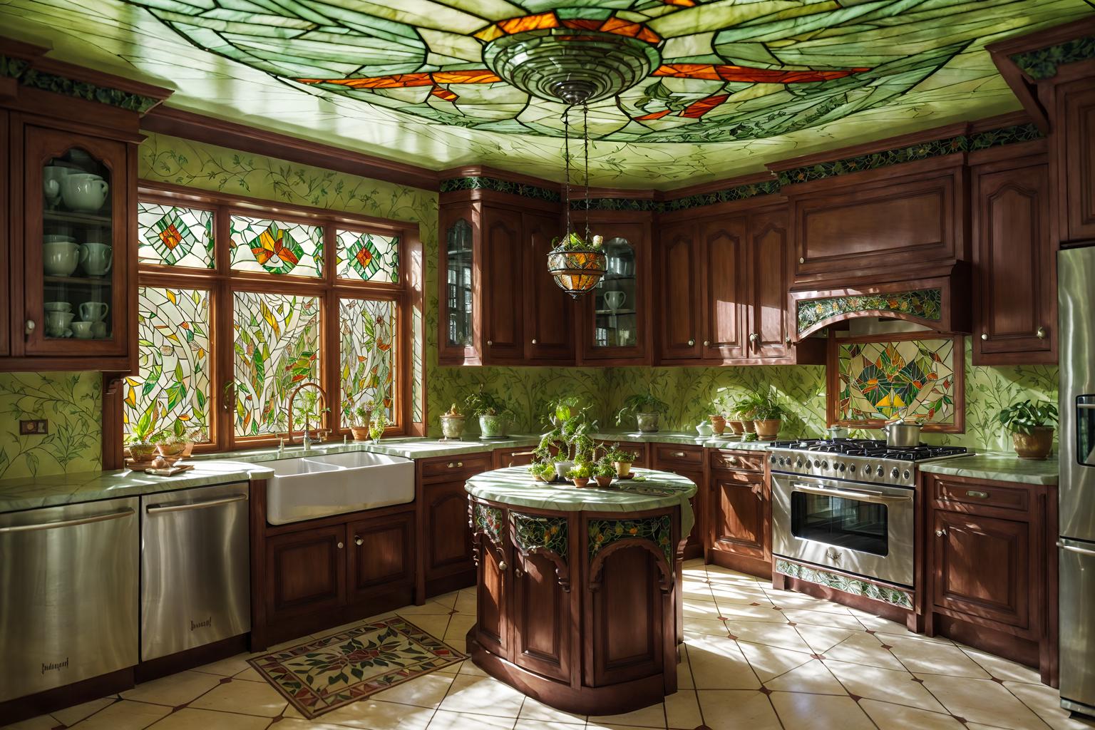 art nouveau-style (kitchen interior) with plant and worktops and refrigerator and sink and kitchen cabinets and stove and plant. . with curving, plant-like embellishments and mosaics and wallpaper pattners of spider webs and curved glass and stained glass and ashy colors and stained glass and natural materials. . cinematic photo, highly detailed, cinematic lighting, ultra-detailed, ultrarealistic, photorealism, 8k. art nouveau interior design style. masterpiece, cinematic light, ultrarealistic+, photorealistic+, 8k, raw photo, realistic, sharp focus on eyes, (symmetrical eyes), (intact eyes), hyperrealistic, highest quality, best quality, , highly detailed, masterpiece, best quality, extremely detailed 8k wallpaper, masterpiece, best quality, ultra-detailed, best shadow, detailed background, detailed face, detailed eyes, high contrast, best illumination, detailed face, dulux, caustic, dynamic angle, detailed glow. dramatic lighting. highly detailed, insanely detailed hair, symmetrical, intricate details, professionally retouched, 8k high definition. strong bokeh. award winning photo.