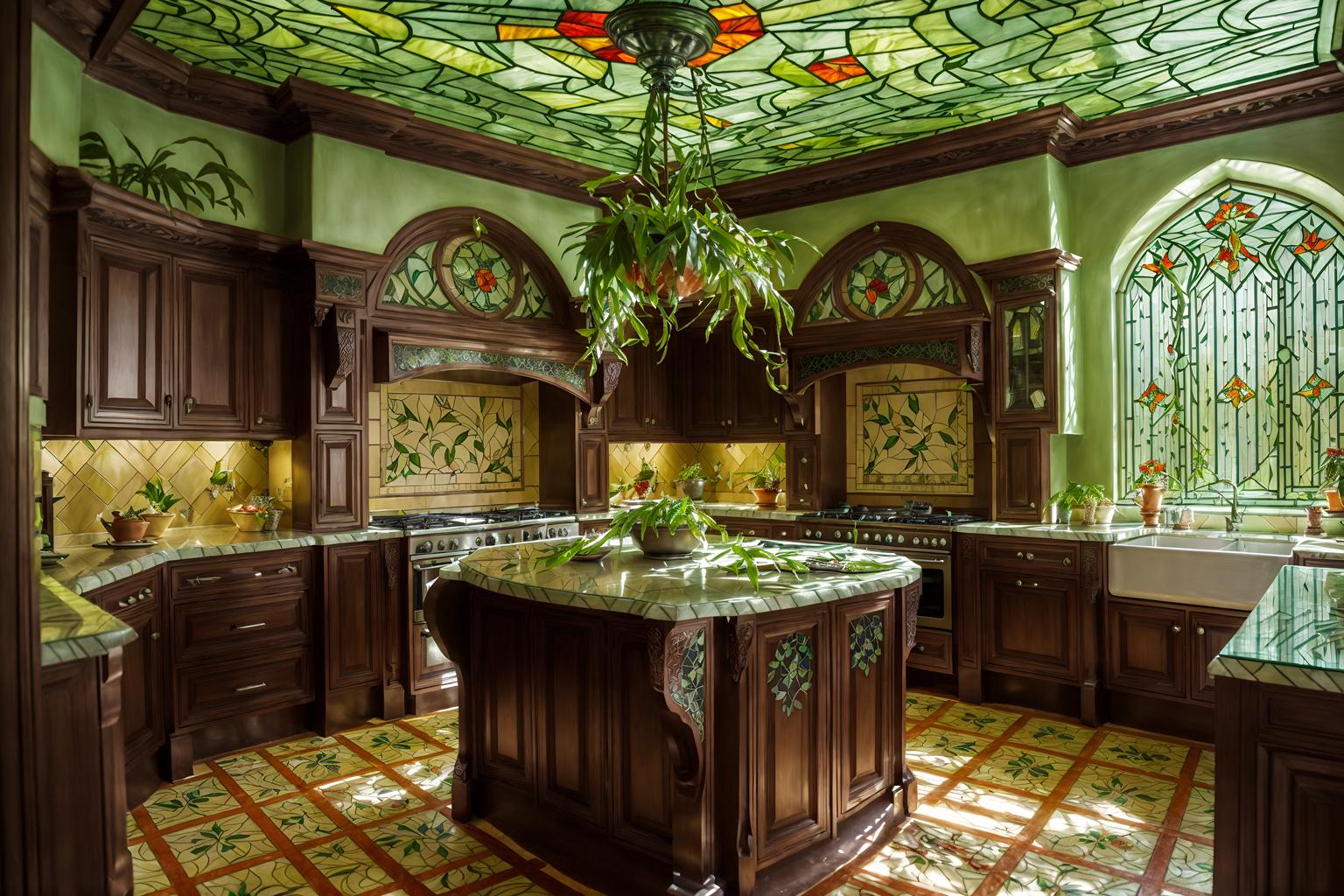 art nouveau-style (kitchen interior) with plant and worktops and refrigerator and sink and kitchen cabinets and stove and plant. . with curving, plant-like embellishments and mosaics and wallpaper pattners of spider webs and curved glass and stained glass and ashy colors and stained glass and natural materials. . cinematic photo, highly detailed, cinematic lighting, ultra-detailed, ultrarealistic, photorealism, 8k. art nouveau interior design style. masterpiece, cinematic light, ultrarealistic+, photorealistic+, 8k, raw photo, realistic, sharp focus on eyes, (symmetrical eyes), (intact eyes), hyperrealistic, highest quality, best quality, , highly detailed, masterpiece, best quality, extremely detailed 8k wallpaper, masterpiece, best quality, ultra-detailed, best shadow, detailed background, detailed face, detailed eyes, high contrast, best illumination, detailed face, dulux, caustic, dynamic angle, detailed glow. dramatic lighting. highly detailed, insanely detailed hair, symmetrical, intricate details, professionally retouched, 8k high definition. strong bokeh. award winning photo.