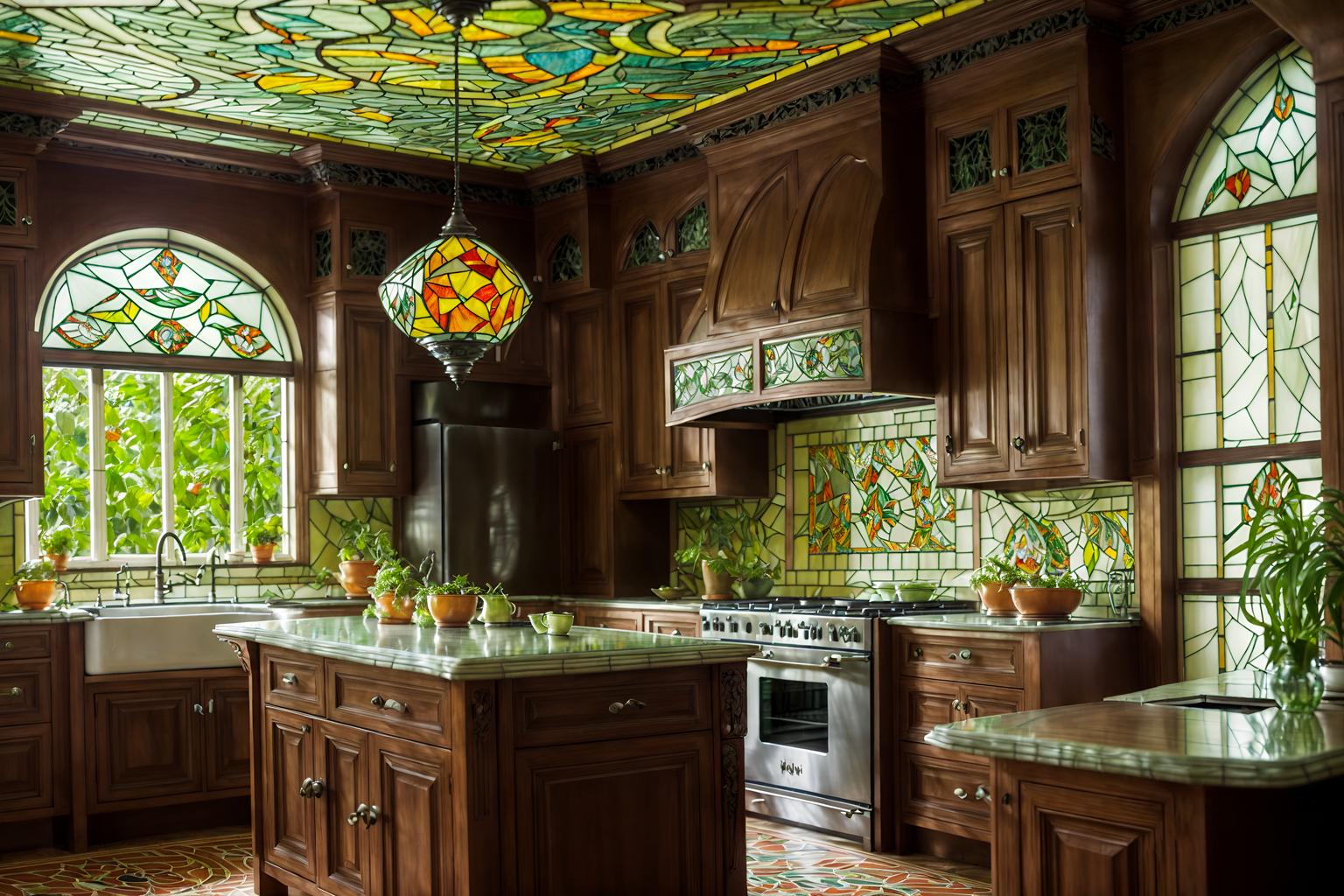 art nouveau-style (kitchen interior) with plant and worktops and refrigerator and sink and kitchen cabinets and stove and plant. . with curving, plant-like embellishments and mosaics and wallpaper pattners of spider webs and curved glass and stained glass and ashy colors and stained glass and natural materials. . cinematic photo, highly detailed, cinematic lighting, ultra-detailed, ultrarealistic, photorealism, 8k. art nouveau interior design style. masterpiece, cinematic light, ultrarealistic+, photorealistic+, 8k, raw photo, realistic, sharp focus on eyes, (symmetrical eyes), (intact eyes), hyperrealistic, highest quality, best quality, , highly detailed, masterpiece, best quality, extremely detailed 8k wallpaper, masterpiece, best quality, ultra-detailed, best shadow, detailed background, detailed face, detailed eyes, high contrast, best illumination, detailed face, dulux, caustic, dynamic angle, detailed glow. dramatic lighting. highly detailed, insanely detailed hair, symmetrical, intricate details, professionally retouched, 8k high definition. strong bokeh. award winning photo.