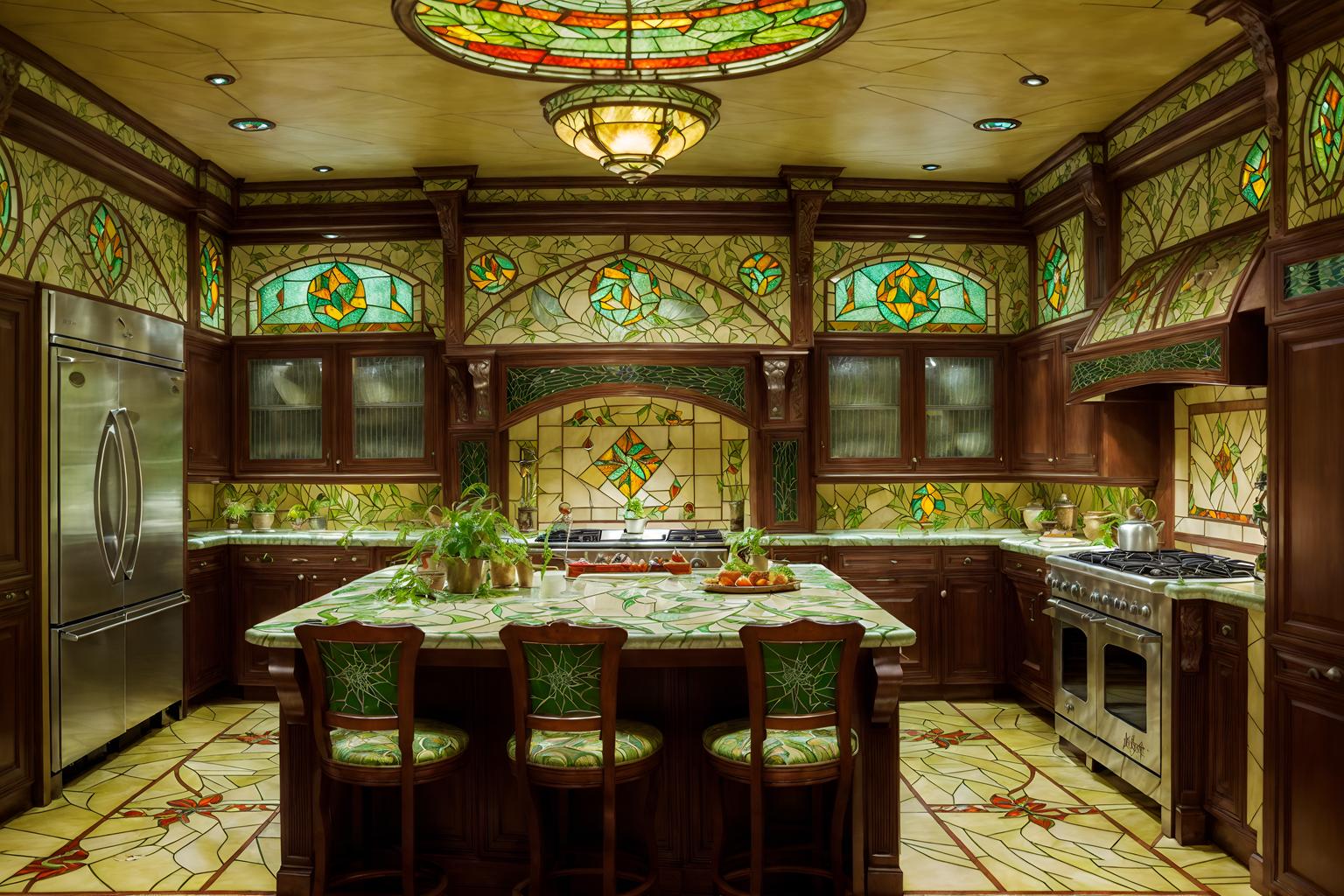 art nouveau-style (kitchen interior) with plant and worktops and refrigerator and sink and kitchen cabinets and stove and plant. . with curving, plant-like embellishments and mosaics and wallpaper pattners of spider webs and curved glass and stained glass and ashy colors and stained glass and natural materials. . cinematic photo, highly detailed, cinematic lighting, ultra-detailed, ultrarealistic, photorealism, 8k. art nouveau interior design style. masterpiece, cinematic light, ultrarealistic+, photorealistic+, 8k, raw photo, realistic, sharp focus on eyes, (symmetrical eyes), (intact eyes), hyperrealistic, highest quality, best quality, , highly detailed, masterpiece, best quality, extremely detailed 8k wallpaper, masterpiece, best quality, ultra-detailed, best shadow, detailed background, detailed face, detailed eyes, high contrast, best illumination, detailed face, dulux, caustic, dynamic angle, detailed glow. dramatic lighting. highly detailed, insanely detailed hair, symmetrical, intricate details, professionally retouched, 8k high definition. strong bokeh. award winning photo.