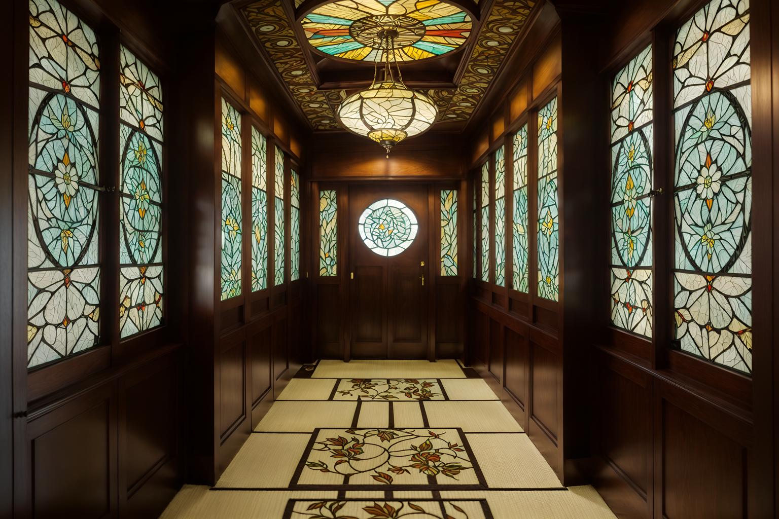 art nouveau-style (walk in closet interior) . with wallpaper patterns of feathers and stained glass and mosaics and curved glass and japanese motifs and soft, rounded lines and natural materials and wallpaper patterns of stylized flowers. . cinematic photo, highly detailed, cinematic lighting, ultra-detailed, ultrarealistic, photorealism, 8k. art nouveau interior design style. masterpiece, cinematic light, ultrarealistic+, photorealistic+, 8k, raw photo, realistic, sharp focus on eyes, (symmetrical eyes), (intact eyes), hyperrealistic, highest quality, best quality, , highly detailed, masterpiece, best quality, extremely detailed 8k wallpaper, masterpiece, best quality, ultra-detailed, best shadow, detailed background, detailed face, detailed eyes, high contrast, best illumination, detailed face, dulux, caustic, dynamic angle, detailed glow. dramatic lighting. highly detailed, insanely detailed hair, symmetrical, intricate details, professionally retouched, 8k high definition. strong bokeh. award winning photo.