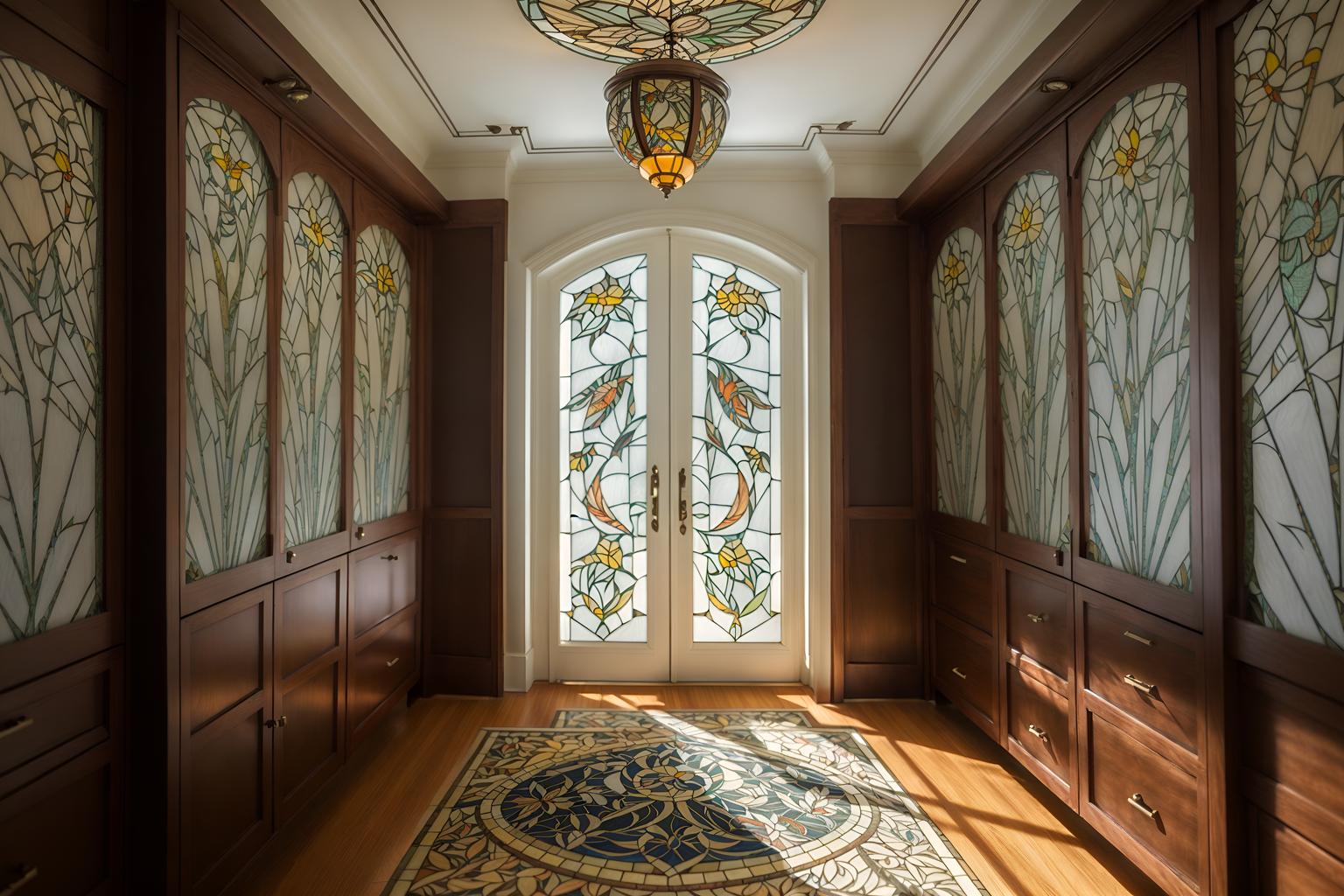 art nouveau-style (walk in closet interior) . with wallpaper patterns of feathers and stained glass and mosaics and curved glass and japanese motifs and soft, rounded lines and natural materials and wallpaper patterns of stylized flowers. . cinematic photo, highly detailed, cinematic lighting, ultra-detailed, ultrarealistic, photorealism, 8k. art nouveau interior design style. masterpiece, cinematic light, ultrarealistic+, photorealistic+, 8k, raw photo, realistic, sharp focus on eyes, (symmetrical eyes), (intact eyes), hyperrealistic, highest quality, best quality, , highly detailed, masterpiece, best quality, extremely detailed 8k wallpaper, masterpiece, best quality, ultra-detailed, best shadow, detailed background, detailed face, detailed eyes, high contrast, best illumination, detailed face, dulux, caustic, dynamic angle, detailed glow. dramatic lighting. highly detailed, insanely detailed hair, symmetrical, intricate details, professionally retouched, 8k high definition. strong bokeh. award winning photo.