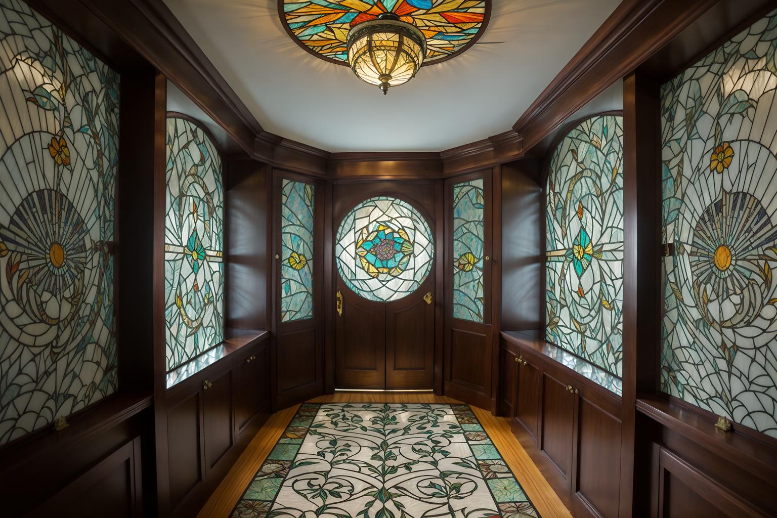 art nouveau-style (walk in closet interior) . with wallpaper patterns of feathers and stained glass and mosaics and curved glass and japanese motifs and soft, rounded lines and natural materials and wallpaper patterns of stylized flowers. . cinematic photo, highly detailed, cinematic lighting, ultra-detailed, ultrarealistic, photorealism, 8k. art nouveau interior design style. masterpiece, cinematic light, ultrarealistic+, photorealistic+, 8k, raw photo, realistic, sharp focus on eyes, (symmetrical eyes), (intact eyes), hyperrealistic, highest quality, best quality, , highly detailed, masterpiece, best quality, extremely detailed 8k wallpaper, masterpiece, best quality, ultra-detailed, best shadow, detailed background, detailed face, detailed eyes, high contrast, best illumination, detailed face, dulux, caustic, dynamic angle, detailed glow. dramatic lighting. highly detailed, insanely detailed hair, symmetrical, intricate details, professionally retouched, 8k high definition. strong bokeh. award winning photo.