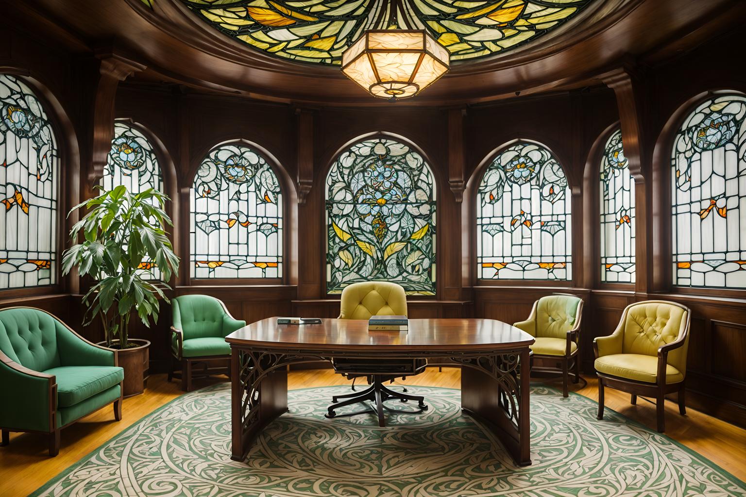 art nouveau-style (coworking space interior) with office chairs and seating area with sofa and office desks and lounge chairs and office chairs. . with curving, plant-like embellishments and stained glass and natural materials and asymmetrical shapes and wallpaper patterns of feathers and japanese motifs and arches and curved forms and stained glass. . cinematic photo, highly detailed, cinematic lighting, ultra-detailed, ultrarealistic, photorealism, 8k. art nouveau interior design style. masterpiece, cinematic light, ultrarealistic+, photorealistic+, 8k, raw photo, realistic, sharp focus on eyes, (symmetrical eyes), (intact eyes), hyperrealistic, highest quality, best quality, , highly detailed, masterpiece, best quality, extremely detailed 8k wallpaper, masterpiece, best quality, ultra-detailed, best shadow, detailed background, detailed face, detailed eyes, high contrast, best illumination, detailed face, dulux, caustic, dynamic angle, detailed glow. dramatic lighting. highly detailed, insanely detailed hair, symmetrical, intricate details, professionally retouched, 8k high definition. strong bokeh. award winning photo.