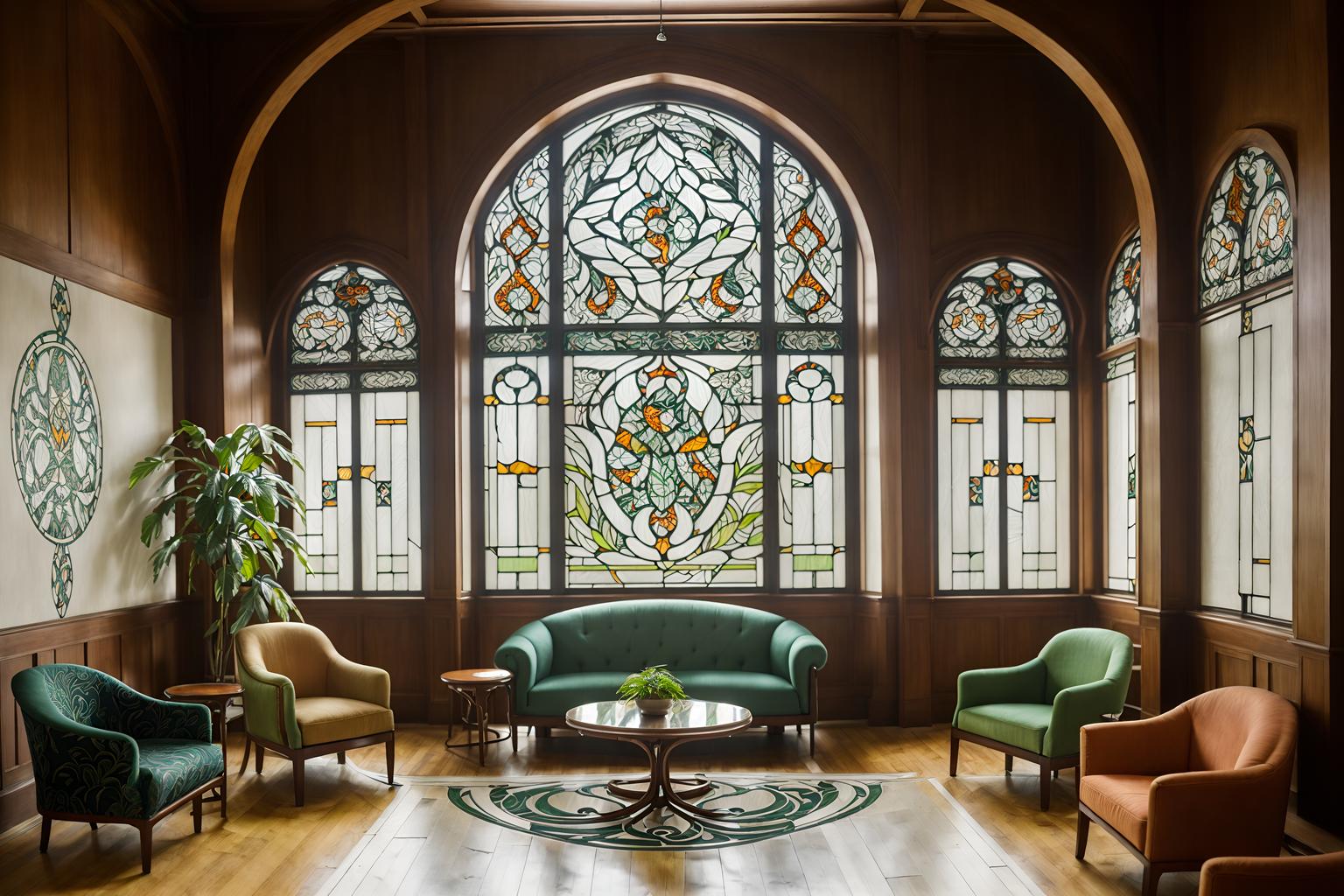 art nouveau-style (coworking space interior) with office chairs and seating area with sofa and office desks and lounge chairs and office chairs. . with curving, plant-like embellishments and stained glass and natural materials and asymmetrical shapes and wallpaper patterns of feathers and japanese motifs and arches and curved forms and stained glass. . cinematic photo, highly detailed, cinematic lighting, ultra-detailed, ultrarealistic, photorealism, 8k. art nouveau interior design style. masterpiece, cinematic light, ultrarealistic+, photorealistic+, 8k, raw photo, realistic, sharp focus on eyes, (symmetrical eyes), (intact eyes), hyperrealistic, highest quality, best quality, , highly detailed, masterpiece, best quality, extremely detailed 8k wallpaper, masterpiece, best quality, ultra-detailed, best shadow, detailed background, detailed face, detailed eyes, high contrast, best illumination, detailed face, dulux, caustic, dynamic angle, detailed glow. dramatic lighting. highly detailed, insanely detailed hair, symmetrical, intricate details, professionally retouched, 8k high definition. strong bokeh. award winning photo.