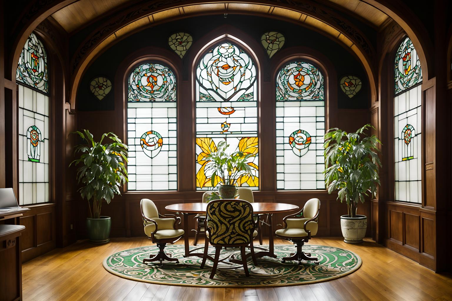 art nouveau-style (coworking space interior) with office chairs and seating area with sofa and office desks and lounge chairs and office chairs. . with curving, plant-like embellishments and stained glass and natural materials and asymmetrical shapes and wallpaper patterns of feathers and japanese motifs and arches and curved forms and stained glass. . cinematic photo, highly detailed, cinematic lighting, ultra-detailed, ultrarealistic, photorealism, 8k. art nouveau interior design style. masterpiece, cinematic light, ultrarealistic+, photorealistic+, 8k, raw photo, realistic, sharp focus on eyes, (symmetrical eyes), (intact eyes), hyperrealistic, highest quality, best quality, , highly detailed, masterpiece, best quality, extremely detailed 8k wallpaper, masterpiece, best quality, ultra-detailed, best shadow, detailed background, detailed face, detailed eyes, high contrast, best illumination, detailed face, dulux, caustic, dynamic angle, detailed glow. dramatic lighting. highly detailed, insanely detailed hair, symmetrical, intricate details, professionally retouched, 8k high definition. strong bokeh. award winning photo.