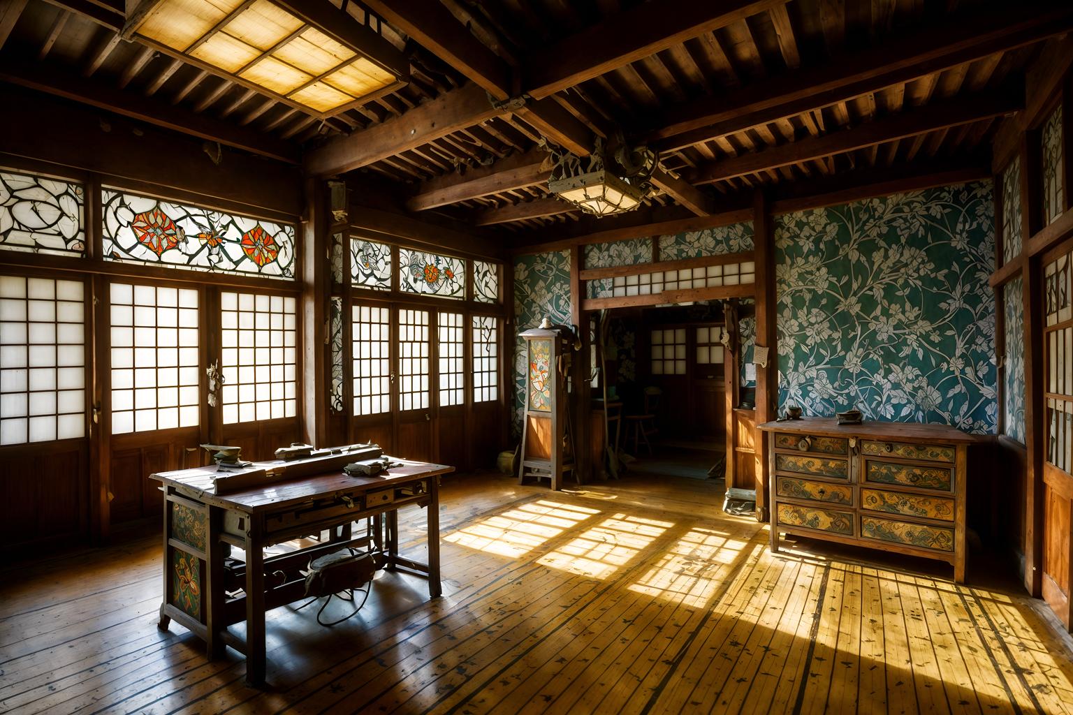 art nouveau-style (workshop interior) with messy and wooden workbench and tool wall and messy. . with asymmetrical shapes and japanese motifs and arches and curved forms and wallpaper patterns of stylized flowers and wallpaper patterns of feathers and stained glass and mosaics and soft, rounded lines. . cinematic photo, highly detailed, cinematic lighting, ultra-detailed, ultrarealistic, photorealism, 8k. art nouveau interior design style. masterpiece, cinematic light, ultrarealistic+, photorealistic+, 8k, raw photo, realistic, sharp focus on eyes, (symmetrical eyes), (intact eyes), hyperrealistic, highest quality, best quality, , highly detailed, masterpiece, best quality, extremely detailed 8k wallpaper, masterpiece, best quality, ultra-detailed, best shadow, detailed background, detailed face, detailed eyes, high contrast, best illumination, detailed face, dulux, caustic, dynamic angle, detailed glow. dramatic lighting. highly detailed, insanely detailed hair, symmetrical, intricate details, professionally retouched, 8k high definition. strong bokeh. award winning photo.