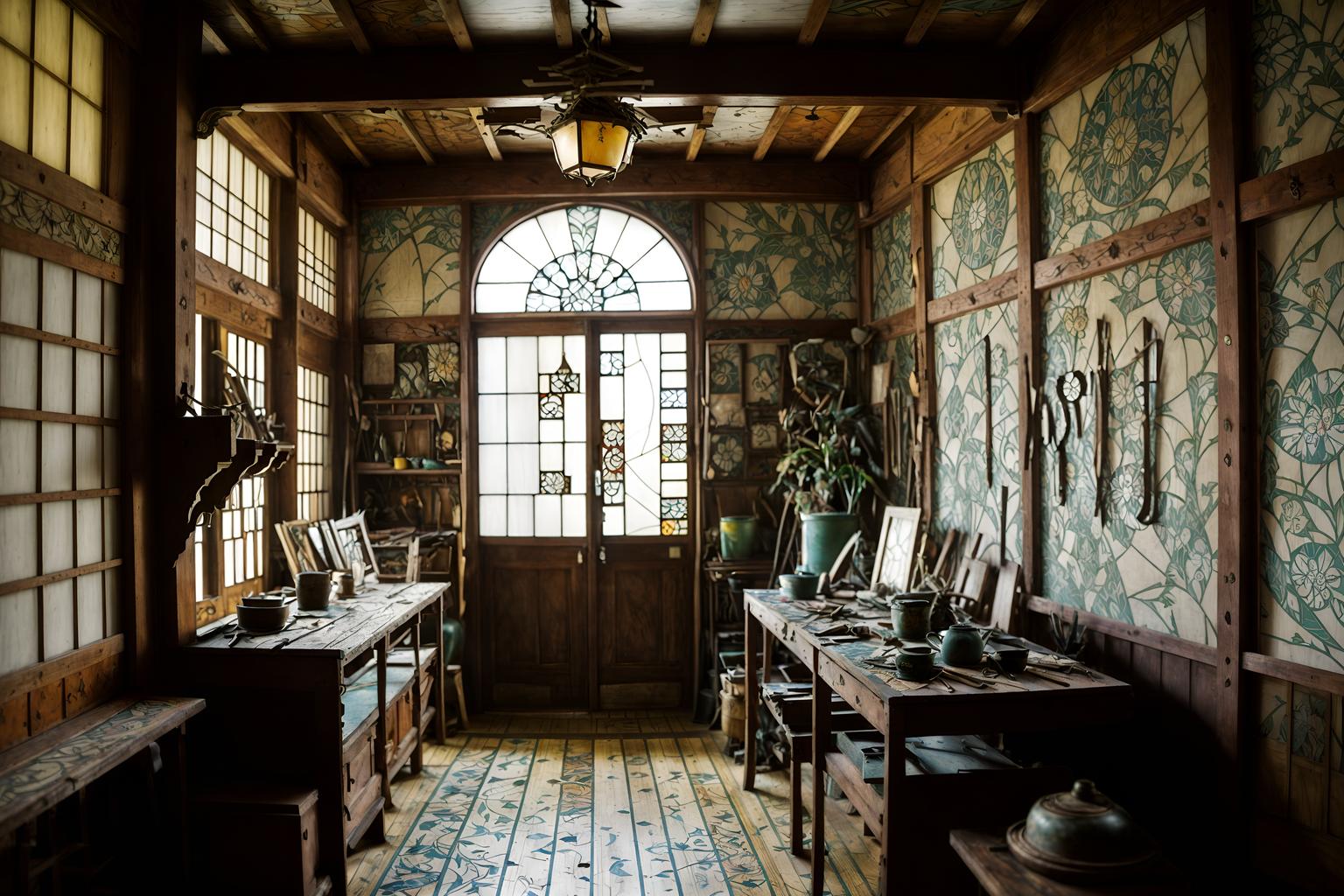 art nouveau-style (workshop interior) with messy and wooden workbench and tool wall and messy. . with asymmetrical shapes and japanese motifs and arches and curved forms and wallpaper patterns of stylized flowers and wallpaper patterns of feathers and stained glass and mosaics and soft, rounded lines. . cinematic photo, highly detailed, cinematic lighting, ultra-detailed, ultrarealistic, photorealism, 8k. art nouveau interior design style. masterpiece, cinematic light, ultrarealistic+, photorealistic+, 8k, raw photo, realistic, sharp focus on eyes, (symmetrical eyes), (intact eyes), hyperrealistic, highest quality, best quality, , highly detailed, masterpiece, best quality, extremely detailed 8k wallpaper, masterpiece, best quality, ultra-detailed, best shadow, detailed background, detailed face, detailed eyes, high contrast, best illumination, detailed face, dulux, caustic, dynamic angle, detailed glow. dramatic lighting. highly detailed, insanely detailed hair, symmetrical, intricate details, professionally retouched, 8k high definition. strong bokeh. award winning photo.