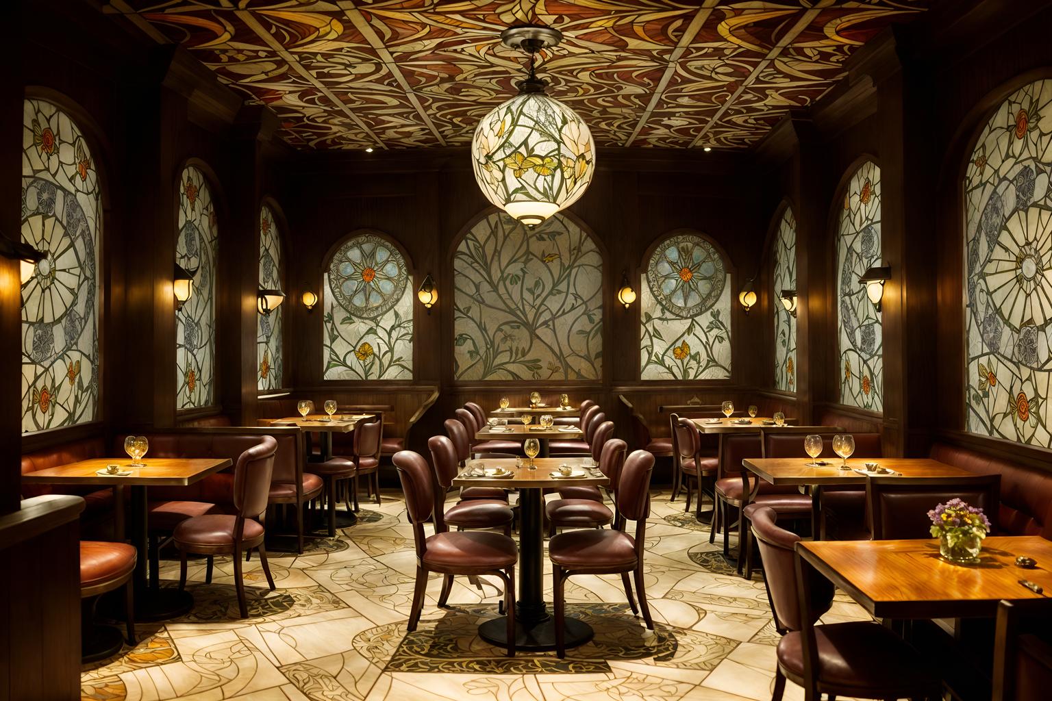 art nouveau-style (restaurant interior) with restaurant chairs and restaurant decor and restaurant dining tables and restaurant bar and restaurant chairs. . with asymmetrical shapes and natural materials and stained glass and wallpaper patterns of stylized flowers and mosaics and ashy colors and wallpaper pattners of spider webs and wallpaper patterns of feathers. . cinematic photo, highly detailed, cinematic lighting, ultra-detailed, ultrarealistic, photorealism, 8k. art nouveau interior design style. masterpiece, cinematic light, ultrarealistic+, photorealistic+, 8k, raw photo, realistic, sharp focus on eyes, (symmetrical eyes), (intact eyes), hyperrealistic, highest quality, best quality, , highly detailed, masterpiece, best quality, extremely detailed 8k wallpaper, masterpiece, best quality, ultra-detailed, best shadow, detailed background, detailed face, detailed eyes, high contrast, best illumination, detailed face, dulux, caustic, dynamic angle, detailed glow. dramatic lighting. highly detailed, insanely detailed hair, symmetrical, intricate details, professionally retouched, 8k high definition. strong bokeh. award winning photo.