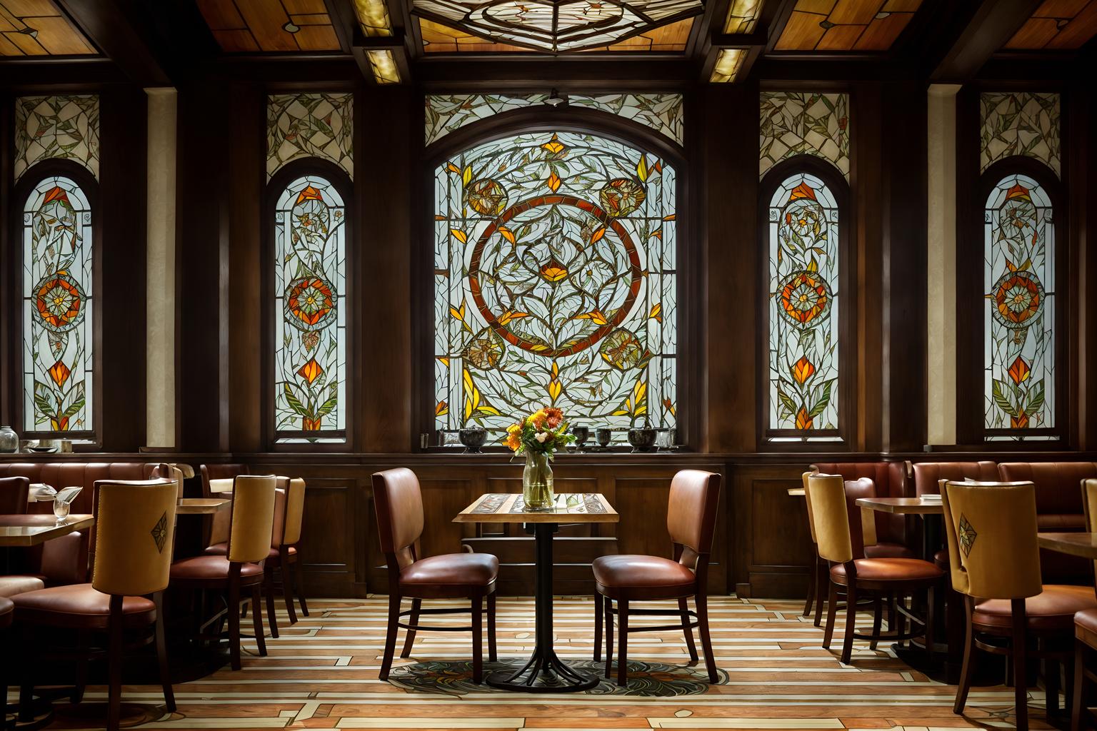 art nouveau-style (restaurant interior) with restaurant chairs and restaurant decor and restaurant dining tables and restaurant bar and restaurant chairs. . with asymmetrical shapes and natural materials and stained glass and wallpaper patterns of stylized flowers and mosaics and ashy colors and wallpaper pattners of spider webs and wallpaper patterns of feathers. . cinematic photo, highly detailed, cinematic lighting, ultra-detailed, ultrarealistic, photorealism, 8k. art nouveau interior design style. masterpiece, cinematic light, ultrarealistic+, photorealistic+, 8k, raw photo, realistic, sharp focus on eyes, (symmetrical eyes), (intact eyes), hyperrealistic, highest quality, best quality, , highly detailed, masterpiece, best quality, extremely detailed 8k wallpaper, masterpiece, best quality, ultra-detailed, best shadow, detailed background, detailed face, detailed eyes, high contrast, best illumination, detailed face, dulux, caustic, dynamic angle, detailed glow. dramatic lighting. highly detailed, insanely detailed hair, symmetrical, intricate details, professionally retouched, 8k high definition. strong bokeh. award winning photo.