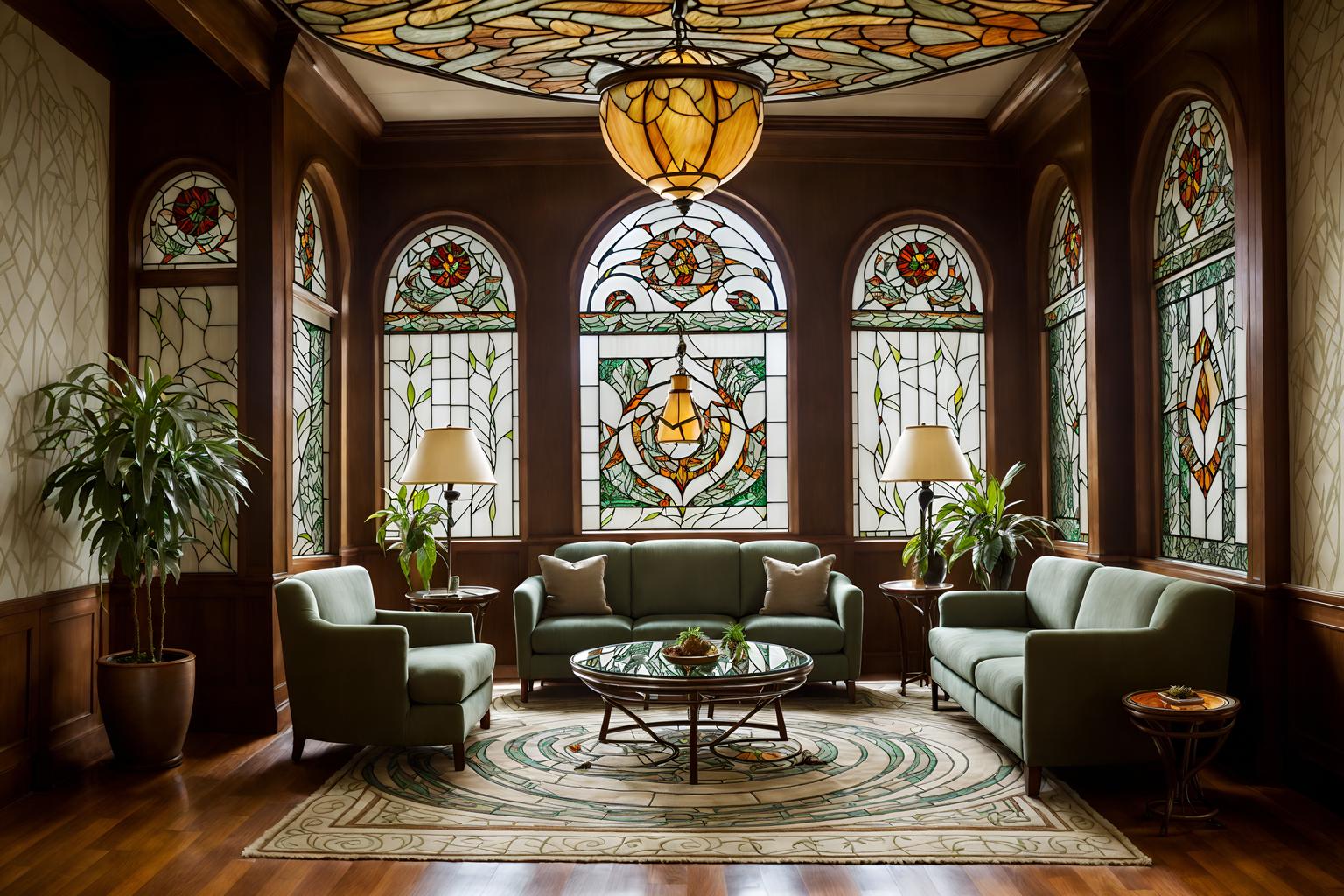 art nouveau-style (hotel lobby interior) with plant and sofas and hanging lamps and furniture and lounge chairs and coffee tables and rug and check in desk. . with soft, rounded lines and stained glass and asymmetrical shapes and wallpaper pattners of spider webs and wallpaper patterns of feathers and natural materials and mosaics and arches and curved forms. . cinematic photo, highly detailed, cinematic lighting, ultra-detailed, ultrarealistic, photorealism, 8k. art nouveau interior design style. masterpiece, cinematic light, ultrarealistic+, photorealistic+, 8k, raw photo, realistic, sharp focus on eyes, (symmetrical eyes), (intact eyes), hyperrealistic, highest quality, best quality, , highly detailed, masterpiece, best quality, extremely detailed 8k wallpaper, masterpiece, best quality, ultra-detailed, best shadow, detailed background, detailed face, detailed eyes, high contrast, best illumination, detailed face, dulux, caustic, dynamic angle, detailed glow. dramatic lighting. highly detailed, insanely detailed hair, symmetrical, intricate details, professionally retouched, 8k high definition. strong bokeh. award winning photo.