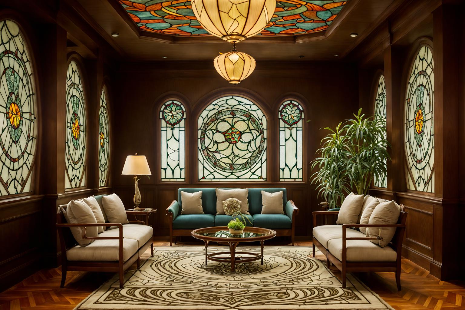art nouveau-style (hotel lobby interior) with plant and sofas and hanging lamps and furniture and lounge chairs and coffee tables and rug and check in desk. . with soft, rounded lines and stained glass and asymmetrical shapes and wallpaper pattners of spider webs and wallpaper patterns of feathers and natural materials and mosaics and arches and curved forms. . cinematic photo, highly detailed, cinematic lighting, ultra-detailed, ultrarealistic, photorealism, 8k. art nouveau interior design style. masterpiece, cinematic light, ultrarealistic+, photorealistic+, 8k, raw photo, realistic, sharp focus on eyes, (symmetrical eyes), (intact eyes), hyperrealistic, highest quality, best quality, , highly detailed, masterpiece, best quality, extremely detailed 8k wallpaper, masterpiece, best quality, ultra-detailed, best shadow, detailed background, detailed face, detailed eyes, high contrast, best illumination, detailed face, dulux, caustic, dynamic angle, detailed glow. dramatic lighting. highly detailed, insanely detailed hair, symmetrical, intricate details, professionally retouched, 8k high definition. strong bokeh. award winning photo.
