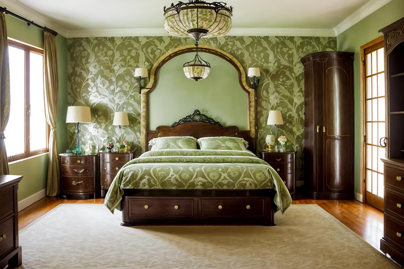 art nouveau-style (bedroom interior) with accent chair and mirror and storage bench or ottoman and dresser closet and bedside table or night stand and headboard and bed and night light. . with natural materials and curving, plant-like embellishments and curved glass and arches and curved forms and wallpaper patterns of stylized flowers and soft, rounded lines and japanese motifs and wallpaper patterns of feathers. . cinematic photo, highly detailed, cinematic lighting, ultra-detailed, ultrarealistic, photorealism, 8k. art nouveau interior design style. masterpiece, cinematic light, ultrarealistic+, photorealistic+, 8k, raw photo, realistic, sharp focus on eyes, (symmetrical eyes), (intact eyes), hyperrealistic, highest quality, best quality, , highly detailed, masterpiece, best quality, extremely detailed 8k wallpaper, masterpiece, best quality, ultra-detailed, best shadow, detailed background, detailed face, detailed eyes, high contrast, best illumination, detailed face, dulux, caustic, dynamic angle, detailed glow. dramatic lighting. highly detailed, insanely detailed hair, symmetrical, intricate details, professionally retouched, 8k high definition. strong bokeh. award winning photo.