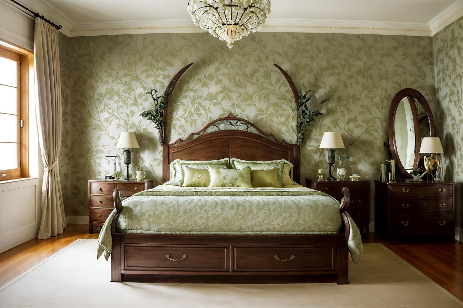 art nouveau-style (bedroom interior) with accent chair and mirror and storage bench or ottoman and dresser closet and bedside table or night stand and headboard and bed and night light. . with natural materials and curving, plant-like embellishments and curved glass and arches and curved forms and wallpaper patterns of stylized flowers and soft, rounded lines and japanese motifs and wallpaper patterns of feathers. . cinematic photo, highly detailed, cinematic lighting, ultra-detailed, ultrarealistic, photorealism, 8k. art nouveau interior design style. masterpiece, cinematic light, ultrarealistic+, photorealistic+, 8k, raw photo, realistic, sharp focus on eyes, (symmetrical eyes), (intact eyes), hyperrealistic, highest quality, best quality, , highly detailed, masterpiece, best quality, extremely detailed 8k wallpaper, masterpiece, best quality, ultra-detailed, best shadow, detailed background, detailed face, detailed eyes, high contrast, best illumination, detailed face, dulux, caustic, dynamic angle, detailed glow. dramatic lighting. highly detailed, insanely detailed hair, symmetrical, intricate details, professionally retouched, 8k high definition. strong bokeh. award winning photo.