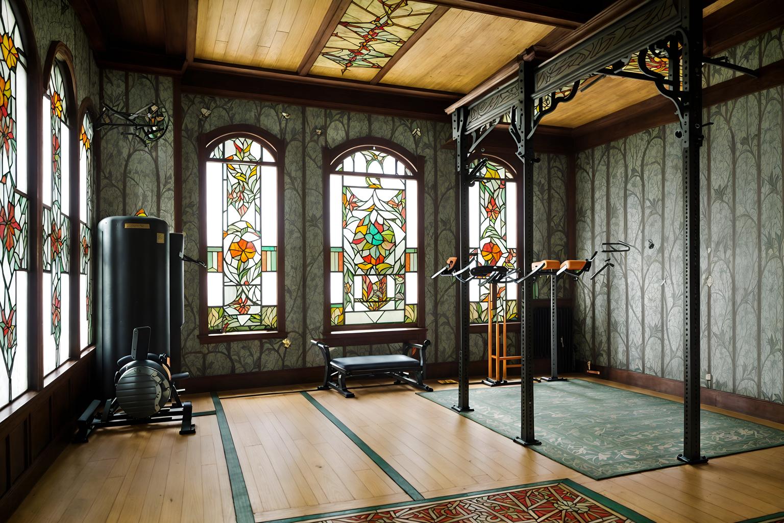 art nouveau-style (fitness gym interior) with squat rack and bench press and crosstrainer and exercise bicycle and dumbbell stand and squat rack. . with stained glass and asymmetrical shapes and wallpaper patterns of stylized flowers and ashy colors and mosaics and wallpaper pattners of spider webs and wallpaper patterns of feathers and japanese motifs. . cinematic photo, highly detailed, cinematic lighting, ultra-detailed, ultrarealistic, photorealism, 8k. art nouveau interior design style. masterpiece, cinematic light, ultrarealistic+, photorealistic+, 8k, raw photo, realistic, sharp focus on eyes, (symmetrical eyes), (intact eyes), hyperrealistic, highest quality, best quality, , highly detailed, masterpiece, best quality, extremely detailed 8k wallpaper, masterpiece, best quality, ultra-detailed, best shadow, detailed background, detailed face, detailed eyes, high contrast, best illumination, detailed face, dulux, caustic, dynamic angle, detailed glow. dramatic lighting. highly detailed, insanely detailed hair, symmetrical, intricate details, professionally retouched, 8k high definition. strong bokeh. award winning photo.