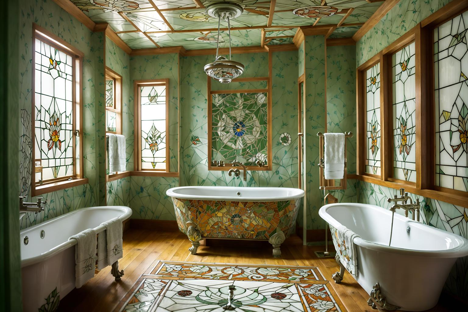 art nouveau-style (bathroom interior) with bathtub and shower and bath towel and mirror and bathroom sink with faucet and plant and bath rail and waste basket. . with natural materials and japanese motifs and stained glass and wallpaper pattners of spider webs and mosaics and stained glass and asymmetrical shapes and wallpaper patterns of feathers. . cinematic photo, highly detailed, cinematic lighting, ultra-detailed, ultrarealistic, photorealism, 8k. art nouveau interior design style. masterpiece, cinematic light, ultrarealistic+, photorealistic+, 8k, raw photo, realistic, sharp focus on eyes, (symmetrical eyes), (intact eyes), hyperrealistic, highest quality, best quality, , highly detailed, masterpiece, best quality, extremely detailed 8k wallpaper, masterpiece, best quality, ultra-detailed, best shadow, detailed background, detailed face, detailed eyes, high contrast, best illumination, detailed face, dulux, caustic, dynamic angle, detailed glow. dramatic lighting. highly detailed, insanely detailed hair, symmetrical, intricate details, professionally retouched, 8k high definition. strong bokeh. award winning photo.
