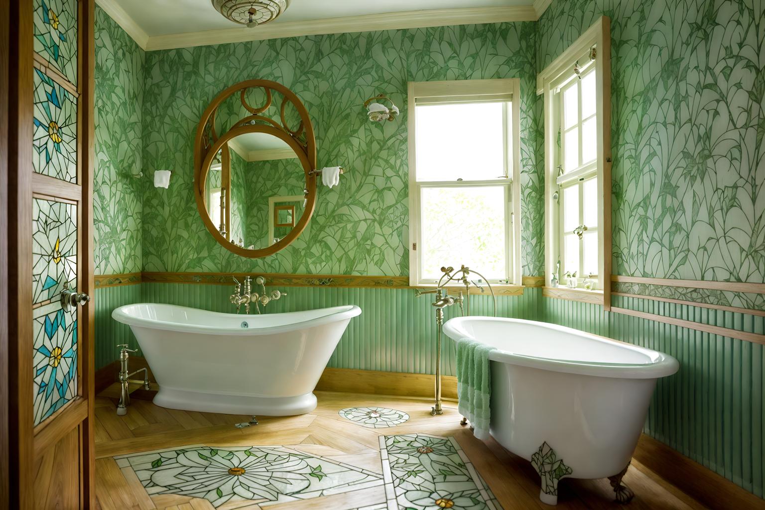 art nouveau-style (bathroom interior) with bathtub and shower and bath towel and mirror and bathroom sink with faucet and plant and bath rail and waste basket. . with natural materials and japanese motifs and stained glass and wallpaper pattners of spider webs and mosaics and stained glass and asymmetrical shapes and wallpaper patterns of feathers. . cinematic photo, highly detailed, cinematic lighting, ultra-detailed, ultrarealistic, photorealism, 8k. art nouveau interior design style. masterpiece, cinematic light, ultrarealistic+, photorealistic+, 8k, raw photo, realistic, sharp focus on eyes, (symmetrical eyes), (intact eyes), hyperrealistic, highest quality, best quality, , highly detailed, masterpiece, best quality, extremely detailed 8k wallpaper, masterpiece, best quality, ultra-detailed, best shadow, detailed background, detailed face, detailed eyes, high contrast, best illumination, detailed face, dulux, caustic, dynamic angle, detailed glow. dramatic lighting. highly detailed, insanely detailed hair, symmetrical, intricate details, professionally retouched, 8k high definition. strong bokeh. award winning photo.