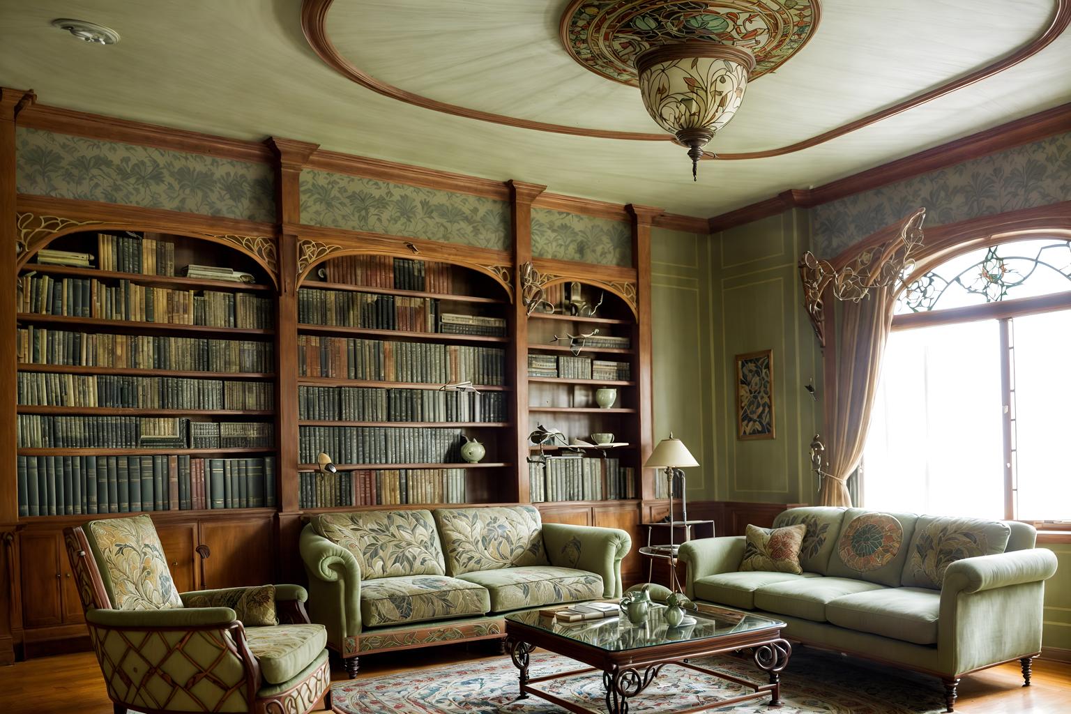 art nouveau-style (living room interior) with bookshelves and sofa and electric lamps and rug and coffee tables and chairs and furniture and televisions. . with curving, plant-like embellishments and soft, rounded lines and ashy colors and wallpaper patterns of feathers and wallpaper pattners of spider webs and stained glass and mosaics and curved glass. . cinematic photo, highly detailed, cinematic lighting, ultra-detailed, ultrarealistic, photorealism, 8k. art nouveau interior design style. masterpiece, cinematic light, ultrarealistic+, photorealistic+, 8k, raw photo, realistic, sharp focus on eyes, (symmetrical eyes), (intact eyes), hyperrealistic, highest quality, best quality, , highly detailed, masterpiece, best quality, extremely detailed 8k wallpaper, masterpiece, best quality, ultra-detailed, best shadow, detailed background, detailed face, detailed eyes, high contrast, best illumination, detailed face, dulux, caustic, dynamic angle, detailed glow. dramatic lighting. highly detailed, insanely detailed hair, symmetrical, intricate details, professionally retouched, 8k high definition. strong bokeh. award winning photo.