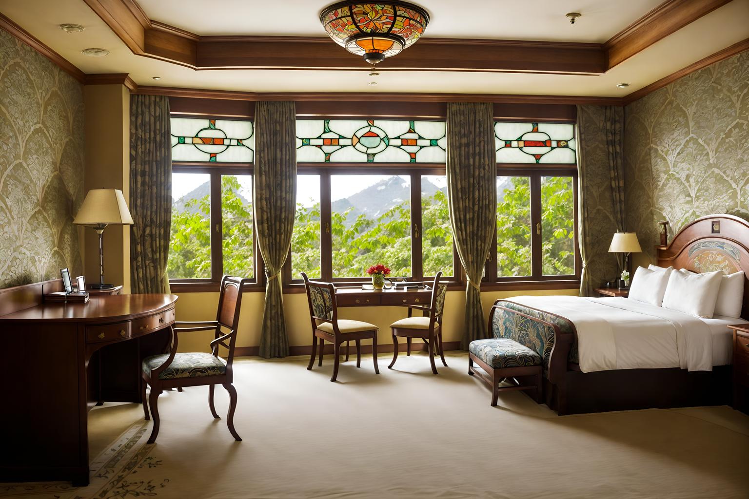 art nouveau-style (hotel room interior) with headboard and hotel bathroom and accent chair and night light and bed and plant and dresser closet and working desk with desk chair. . with wallpaper patterns of stylized flowers and mosaics and soft, rounded lines and stained glass and japanese motifs and ashy colors and arches and curved forms and natural materials. . cinematic photo, highly detailed, cinematic lighting, ultra-detailed, ultrarealistic, photorealism, 8k. art nouveau interior design style. masterpiece, cinematic light, ultrarealistic+, photorealistic+, 8k, raw photo, realistic, sharp focus on eyes, (symmetrical eyes), (intact eyes), hyperrealistic, highest quality, best quality, , highly detailed, masterpiece, best quality, extremely detailed 8k wallpaper, masterpiece, best quality, ultra-detailed, best shadow, detailed background, detailed face, detailed eyes, high contrast, best illumination, detailed face, dulux, caustic, dynamic angle, detailed glow. dramatic lighting. highly detailed, insanely detailed hair, symmetrical, intricate details, professionally retouched, 8k high definition. strong bokeh. award winning photo.