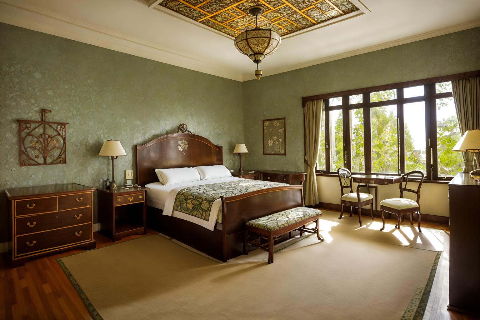 art nouveau-style (hotel room interior) with headboard and hotel bathroom and accent chair and night light and bed and plant and dresser closet and working desk with desk chair. . with wallpaper patterns of stylized flowers and mosaics and soft, rounded lines and stained glass and japanese motifs and ashy colors and arches and curved forms and natural materials. . cinematic photo, highly detailed, cinematic lighting, ultra-detailed, ultrarealistic, photorealism, 8k. art nouveau interior design style. masterpiece, cinematic light, ultrarealistic+, photorealistic+, 8k, raw photo, realistic, sharp focus on eyes, (symmetrical eyes), (intact eyes), hyperrealistic, highest quality, best quality, , highly detailed, masterpiece, best quality, extremely detailed 8k wallpaper, masterpiece, best quality, ultra-detailed, best shadow, detailed background, detailed face, detailed eyes, high contrast, best illumination, detailed face, dulux, caustic, dynamic angle, detailed glow. dramatic lighting. highly detailed, insanely detailed hair, symmetrical, intricate details, professionally retouched, 8k high definition. strong bokeh. award winning photo.