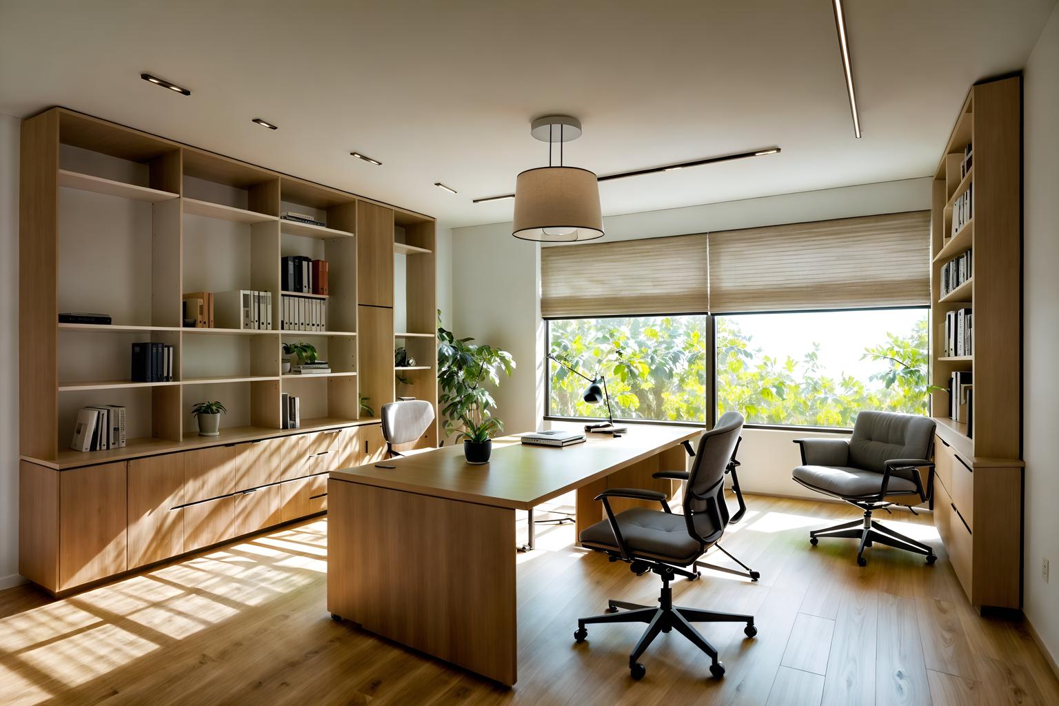 modern-style (study room interior) with cabinets and lounge chair and writing desk and desk lamp and plant and bookshelves and office chair and cabinets. . with practicality and functionality and neutral walls and textures and natural materials and elements and simple, clean lines and simplistic furniture and open and natural lighting and practicality and functionality. . cinematic photo, highly detailed, cinematic lighting, ultra-detailed, ultrarealistic, photorealism, 8k. modern interior design style. masterpiece, cinematic light, ultrarealistic+, photorealistic+, 8k, raw photo, realistic, sharp focus on eyes, (symmetrical eyes), (intact eyes), hyperrealistic, highest quality, best quality, , highly detailed, masterpiece, best quality, extremely detailed 8k wallpaper, masterpiece, best quality, ultra-detailed, best shadow, detailed background, detailed face, detailed eyes, high contrast, best illumination, detailed face, dulux, caustic, dynamic angle, detailed glow. dramatic lighting. highly detailed, insanely detailed hair, symmetrical, intricate details, professionally retouched, 8k high definition. strong bokeh. award winning photo.