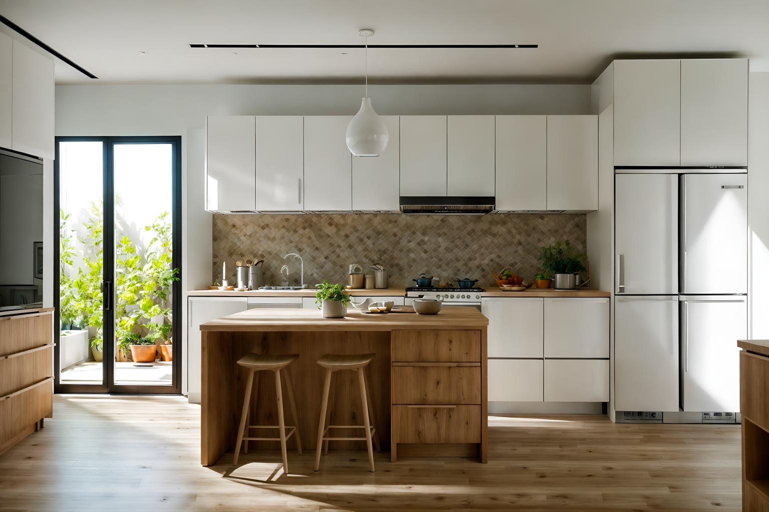 modern-style (kitchen interior) with worktops and stove and kitchen cabinets and plant and sink and refrigerator and worktops. . with natural materials and elements and simple, clean lines and simplistic furniture and open and natural lighting and practicality and functionality and neutral walls and textures and natural materials and elements. . cinematic photo, highly detailed, cinematic lighting, ultra-detailed, ultrarealistic, photorealism, 8k. modern interior design style. masterpiece, cinematic light, ultrarealistic+, photorealistic+, 8k, raw photo, realistic, sharp focus on eyes, (symmetrical eyes), (intact eyes), hyperrealistic, highest quality, best quality, , highly detailed, masterpiece, best quality, extremely detailed 8k wallpaper, masterpiece, best quality, ultra-detailed, best shadow, detailed background, detailed face, detailed eyes, high contrast, best illumination, detailed face, dulux, caustic, dynamic angle, detailed glow. dramatic lighting. highly detailed, insanely detailed hair, symmetrical, intricate details, professionally retouched, 8k high definition. strong bokeh. award winning photo.