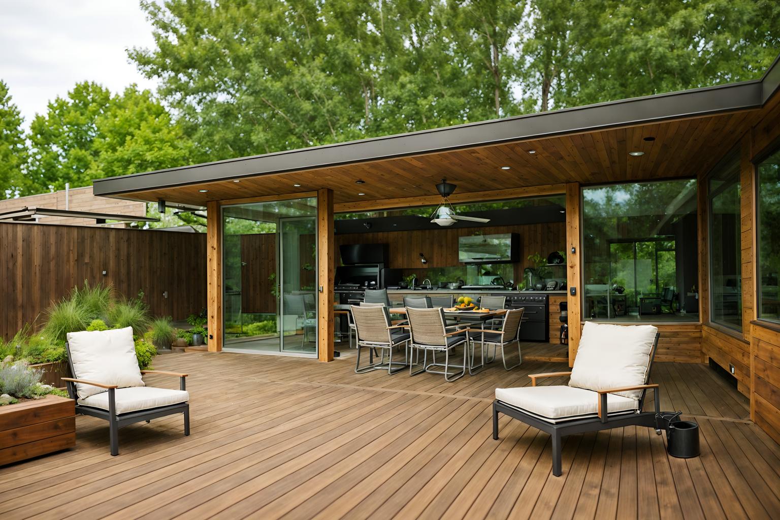 modern-style designed (outdoor patio ) with deck with deck chairs and barbeque or grill and patio couch with pillows and grass and plant and deck with deck chairs. . with practicality and functionality and neutral walls and textures and open and natural lighting and natural materials and elements and simple, clean lines and simplistic furniture and practicality and functionality. . cinematic photo, highly detailed, cinematic lighting, ultra-detailed, ultrarealistic, photorealism, 8k. modern design style. masterpiece, cinematic light, ultrarealistic+, photorealistic+, 8k, raw photo, realistic, sharp focus on eyes, (symmetrical eyes), (intact eyes), hyperrealistic, highest quality, best quality, , highly detailed, masterpiece, best quality, extremely detailed 8k wallpaper, masterpiece, best quality, ultra-detailed, best shadow, detailed background, detailed face, detailed eyes, high contrast, best illumination, detailed face, dulux, caustic, dynamic angle, detailed glow. dramatic lighting. highly detailed, insanely detailed hair, symmetrical, intricate details, professionally retouched, 8k high definition. strong bokeh. award winning photo.