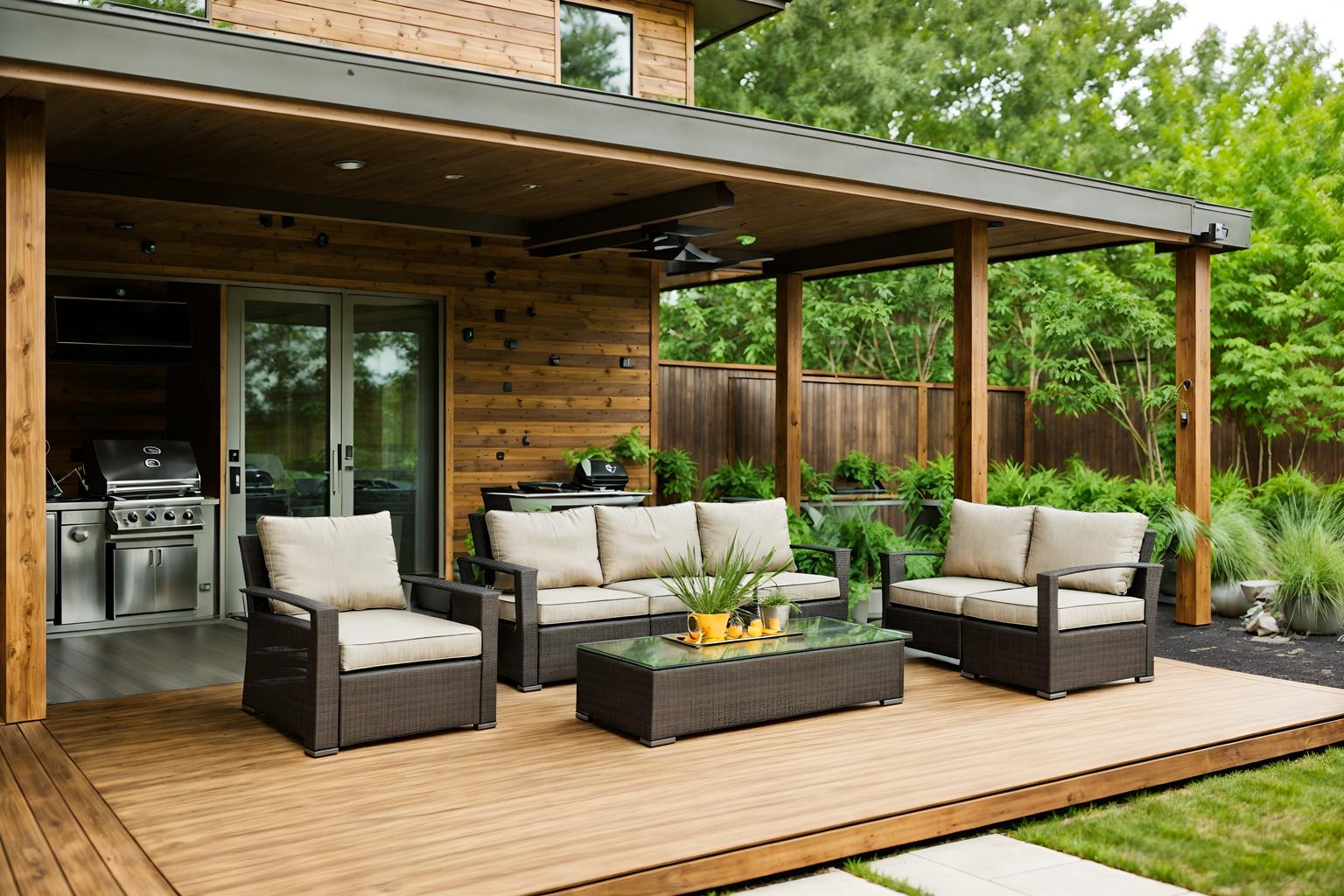 modern-style designed (outdoor patio ) with deck with deck chairs and barbeque or grill and patio couch with pillows and grass and plant and deck with deck chairs. . with practicality and functionality and neutral walls and textures and open and natural lighting and natural materials and elements and simple, clean lines and simplistic furniture and practicality and functionality. . cinematic photo, highly detailed, cinematic lighting, ultra-detailed, ultrarealistic, photorealism, 8k. modern design style. masterpiece, cinematic light, ultrarealistic+, photorealistic+, 8k, raw photo, realistic, sharp focus on eyes, (symmetrical eyes), (intact eyes), hyperrealistic, highest quality, best quality, , highly detailed, masterpiece, best quality, extremely detailed 8k wallpaper, masterpiece, best quality, ultra-detailed, best shadow, detailed background, detailed face, detailed eyes, high contrast, best illumination, detailed face, dulux, caustic, dynamic angle, detailed glow. dramatic lighting. highly detailed, insanely detailed hair, symmetrical, intricate details, professionally retouched, 8k high definition. strong bokeh. award winning photo.