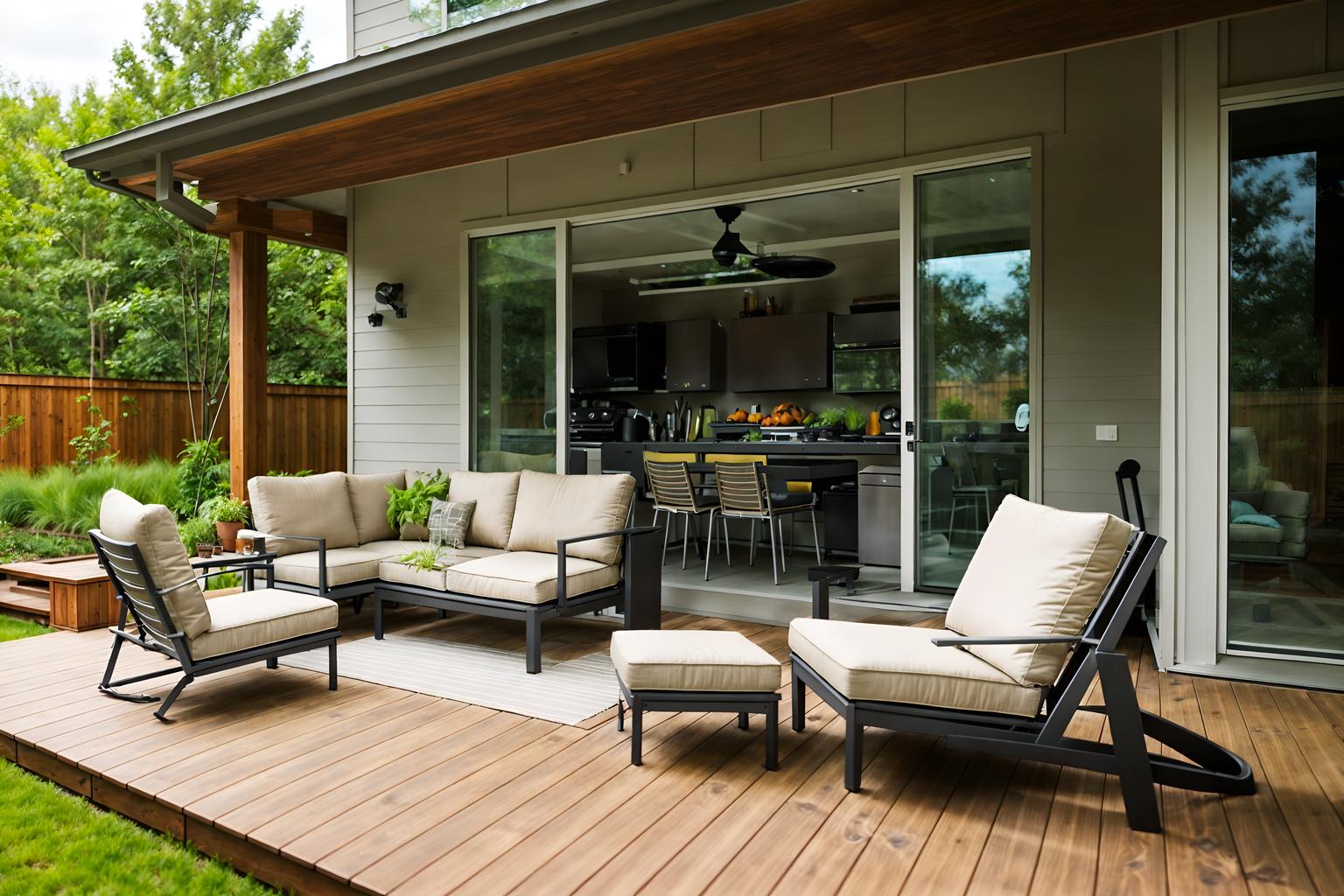 modern-style designed (outdoor patio ) with deck with deck chairs and barbeque or grill and patio couch with pillows and grass and plant and deck with deck chairs. . with practicality and functionality and neutral walls and textures and open and natural lighting and natural materials and elements and simple, clean lines and simplistic furniture and practicality and functionality. . cinematic photo, highly detailed, cinematic lighting, ultra-detailed, ultrarealistic, photorealism, 8k. modern design style. masterpiece, cinematic light, ultrarealistic+, photorealistic+, 8k, raw photo, realistic, sharp focus on eyes, (symmetrical eyes), (intact eyes), hyperrealistic, highest quality, best quality, , highly detailed, masterpiece, best quality, extremely detailed 8k wallpaper, masterpiece, best quality, ultra-detailed, best shadow, detailed background, detailed face, detailed eyes, high contrast, best illumination, detailed face, dulux, caustic, dynamic angle, detailed glow. dramatic lighting. highly detailed, insanely detailed hair, symmetrical, intricate details, professionally retouched, 8k high definition. strong bokeh. award winning photo.