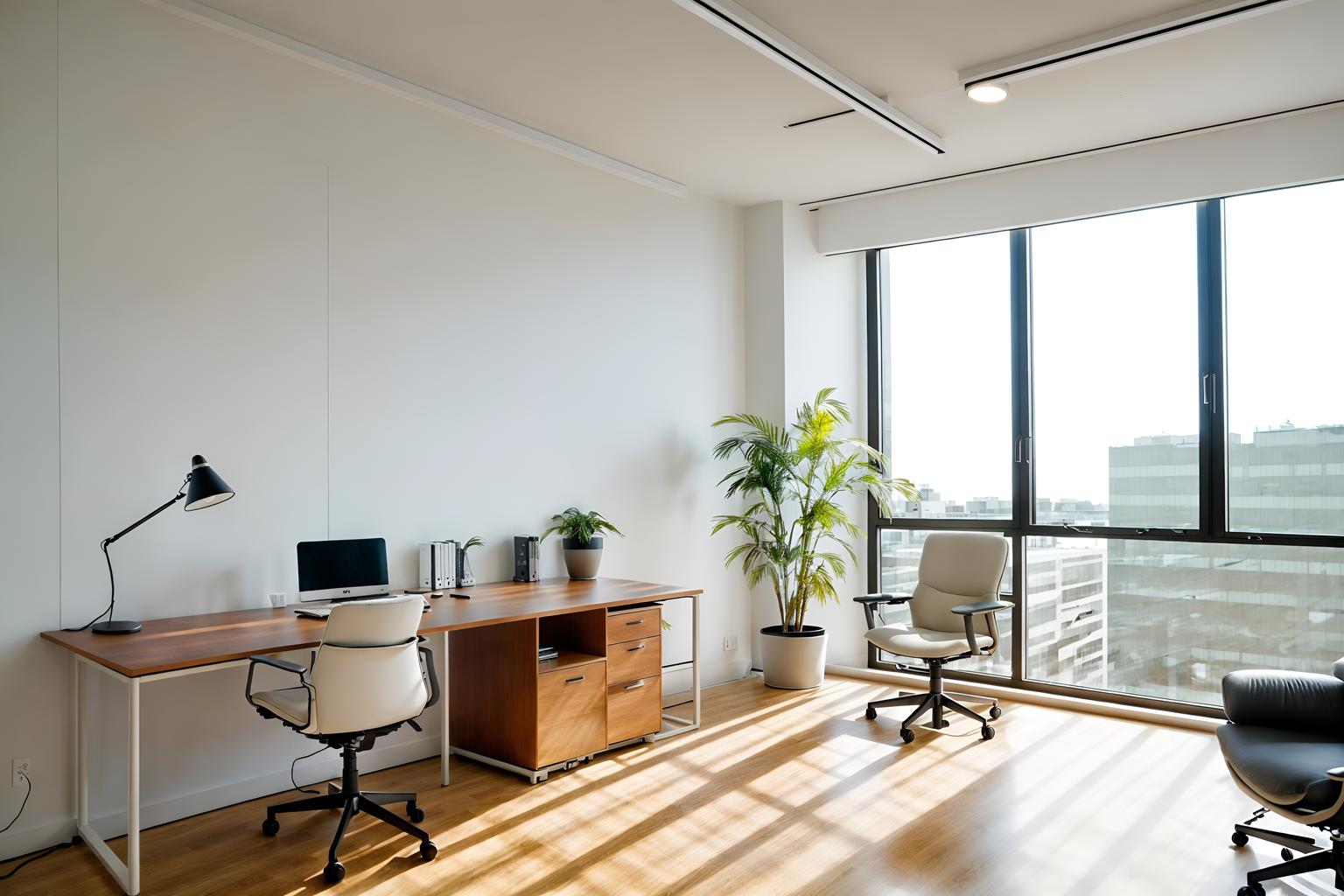 modern-style (office interior) with desk lamps and office desks and plants and windows and office chairs and computer desks and cabinets and lounge chairs. . with neutral walls and textures and open and natural lighting and natural materials and elements and simple, clean lines and simplistic furniture and practicality and functionality and neutral walls and textures. . cinematic photo, highly detailed, cinematic lighting, ultra-detailed, ultrarealistic, photorealism, 8k. modern interior design style. masterpiece, cinematic light, ultrarealistic+, photorealistic+, 8k, raw photo, realistic, sharp focus on eyes, (symmetrical eyes), (intact eyes), hyperrealistic, highest quality, best quality, , highly detailed, masterpiece, best quality, extremely detailed 8k wallpaper, masterpiece, best quality, ultra-detailed, best shadow, detailed background, detailed face, detailed eyes, high contrast, best illumination, detailed face, dulux, caustic, dynamic angle, detailed glow. dramatic lighting. highly detailed, insanely detailed hair, symmetrical, intricate details, professionally retouched, 8k high definition. strong bokeh. award winning photo.