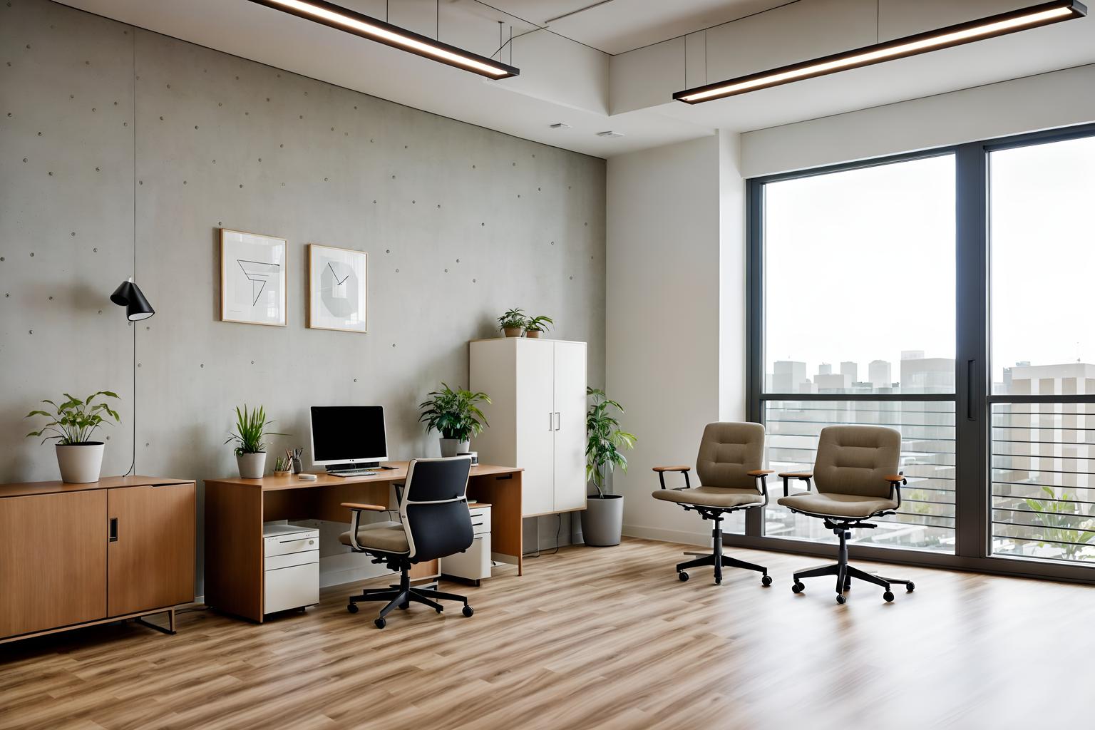 modern-style (office interior) with desk lamps and office desks and plants and windows and office chairs and computer desks and cabinets and lounge chairs. . with neutral walls and textures and open and natural lighting and natural materials and elements and simple, clean lines and simplistic furniture and practicality and functionality and neutral walls and textures. . cinematic photo, highly detailed, cinematic lighting, ultra-detailed, ultrarealistic, photorealism, 8k. modern interior design style. masterpiece, cinematic light, ultrarealistic+, photorealistic+, 8k, raw photo, realistic, sharp focus on eyes, (symmetrical eyes), (intact eyes), hyperrealistic, highest quality, best quality, , highly detailed, masterpiece, best quality, extremely detailed 8k wallpaper, masterpiece, best quality, ultra-detailed, best shadow, detailed background, detailed face, detailed eyes, high contrast, best illumination, detailed face, dulux, caustic, dynamic angle, detailed glow. dramatic lighting. highly detailed, insanely detailed hair, symmetrical, intricate details, professionally retouched, 8k high definition. strong bokeh. award winning photo.