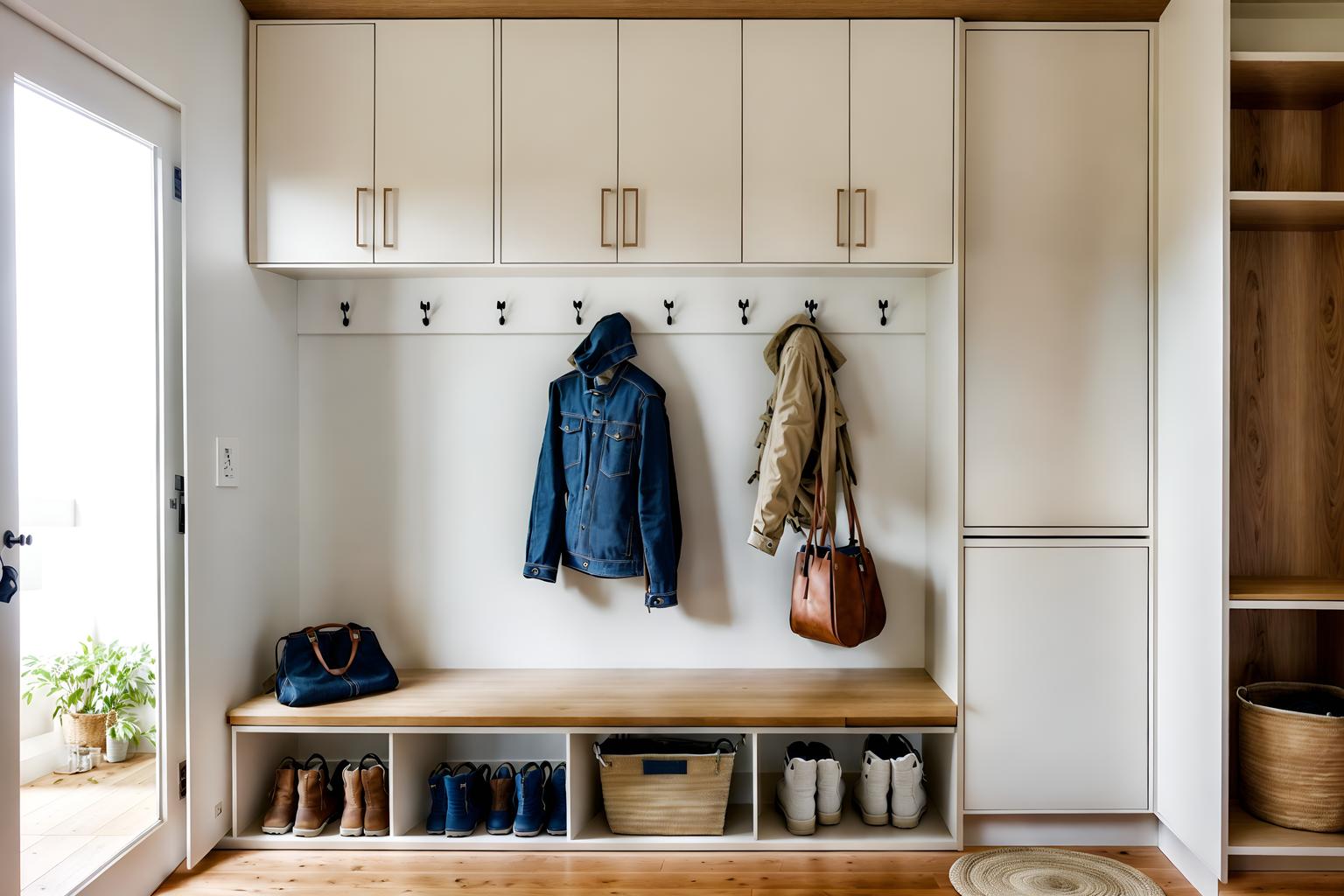 modern-style (mudroom interior) with cabinets and cubbies and storage baskets and a bench and storage drawers and shelves for shoes and wall hooks for coats and high up storage. . with practicality and functionality and open and natural lighting and neutral walls and textures and simple, clean lines and simplistic furniture and natural materials and elements and practicality and functionality. . cinematic photo, highly detailed, cinematic lighting, ultra-detailed, ultrarealistic, photorealism, 8k. modern interior design style. masterpiece, cinematic light, ultrarealistic+, photorealistic+, 8k, raw photo, realistic, sharp focus on eyes, (symmetrical eyes), (intact eyes), hyperrealistic, highest quality, best quality, , highly detailed, masterpiece, best quality, extremely detailed 8k wallpaper, masterpiece, best quality, ultra-detailed, best shadow, detailed background, detailed face, detailed eyes, high contrast, best illumination, detailed face, dulux, caustic, dynamic angle, detailed glow. dramatic lighting. highly detailed, insanely detailed hair, symmetrical, intricate details, professionally retouched, 8k high definition. strong bokeh. award winning photo.