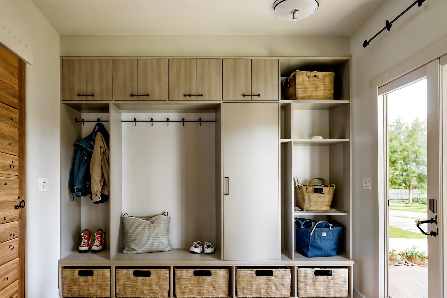 modern-style (mudroom interior) with cabinets and cubbies and storage baskets and a bench and storage drawers and shelves for shoes and wall hooks for coats and high up storage. . with practicality and functionality and open and natural lighting and neutral walls and textures and simple, clean lines and simplistic furniture and natural materials and elements and practicality and functionality. . cinematic photo, highly detailed, cinematic lighting, ultra-detailed, ultrarealistic, photorealism, 8k. modern interior design style. masterpiece, cinematic light, ultrarealistic+, photorealistic+, 8k, raw photo, realistic, sharp focus on eyes, (symmetrical eyes), (intact eyes), hyperrealistic, highest quality, best quality, , highly detailed, masterpiece, best quality, extremely detailed 8k wallpaper, masterpiece, best quality, ultra-detailed, best shadow, detailed background, detailed face, detailed eyes, high contrast, best illumination, detailed face, dulux, caustic, dynamic angle, detailed glow. dramatic lighting. highly detailed, insanely detailed hair, symmetrical, intricate details, professionally retouched, 8k high definition. strong bokeh. award winning photo.