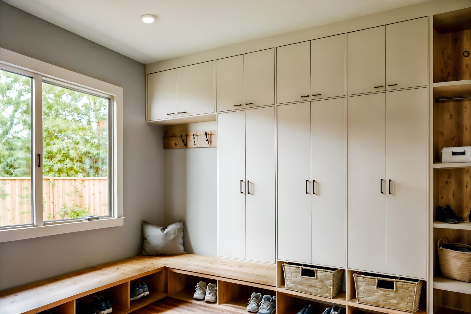 modern-style (mudroom interior) with cabinets and cubbies and storage baskets and a bench and storage drawers and shelves for shoes and wall hooks for coats and high up storage. . with practicality and functionality and open and natural lighting and neutral walls and textures and simple, clean lines and simplistic furniture and natural materials and elements and practicality and functionality. . cinematic photo, highly detailed, cinematic lighting, ultra-detailed, ultrarealistic, photorealism, 8k. modern interior design style. masterpiece, cinematic light, ultrarealistic+, photorealistic+, 8k, raw photo, realistic, sharp focus on eyes, (symmetrical eyes), (intact eyes), hyperrealistic, highest quality, best quality, , highly detailed, masterpiece, best quality, extremely detailed 8k wallpaper, masterpiece, best quality, ultra-detailed, best shadow, detailed background, detailed face, detailed eyes, high contrast, best illumination, detailed face, dulux, caustic, dynamic angle, detailed glow. dramatic lighting. highly detailed, insanely detailed hair, symmetrical, intricate details, professionally retouched, 8k high definition. strong bokeh. award winning photo.