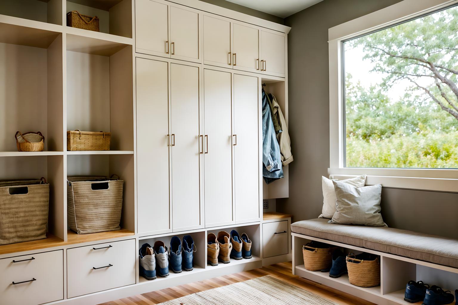 modern-style (mudroom interior) with cabinets and cubbies and storage baskets and a bench and storage drawers and shelves for shoes and wall hooks for coats and high up storage. . with practicality and functionality and open and natural lighting and neutral walls and textures and simple, clean lines and simplistic furniture and natural materials and elements and practicality and functionality. . cinematic photo, highly detailed, cinematic lighting, ultra-detailed, ultrarealistic, photorealism, 8k. modern interior design style. masterpiece, cinematic light, ultrarealistic+, photorealistic+, 8k, raw photo, realistic, sharp focus on eyes, (symmetrical eyes), (intact eyes), hyperrealistic, highest quality, best quality, , highly detailed, masterpiece, best quality, extremely detailed 8k wallpaper, masterpiece, best quality, ultra-detailed, best shadow, detailed background, detailed face, detailed eyes, high contrast, best illumination, detailed face, dulux, caustic, dynamic angle, detailed glow. dramatic lighting. highly detailed, insanely detailed hair, symmetrical, intricate details, professionally retouched, 8k high definition. strong bokeh. award winning photo.