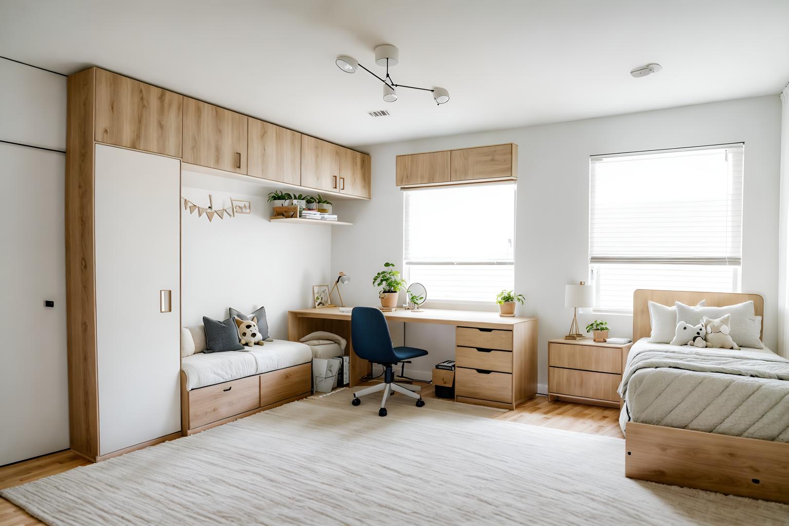 modern-style (kids room interior) with headboard and night light and kids desk and dresser closet and plant and accent chair and storage bench or ottoman and mirror. . with neutral walls and textures and simple, clean lines and simplistic furniture and practicality and functionality and natural materials and elements and open and natural lighting and neutral walls and textures. . cinematic photo, highly detailed, cinematic lighting, ultra-detailed, ultrarealistic, photorealism, 8k. modern interior design style. masterpiece, cinematic light, ultrarealistic+, photorealistic+, 8k, raw photo, realistic, sharp focus on eyes, (symmetrical eyes), (intact eyes), hyperrealistic, highest quality, best quality, , highly detailed, masterpiece, best quality, extremely detailed 8k wallpaper, masterpiece, best quality, ultra-detailed, best shadow, detailed background, detailed face, detailed eyes, high contrast, best illumination, detailed face, dulux, caustic, dynamic angle, detailed glow. dramatic lighting. highly detailed, insanely detailed hair, symmetrical, intricate details, professionally retouched, 8k high definition. strong bokeh. award winning photo.