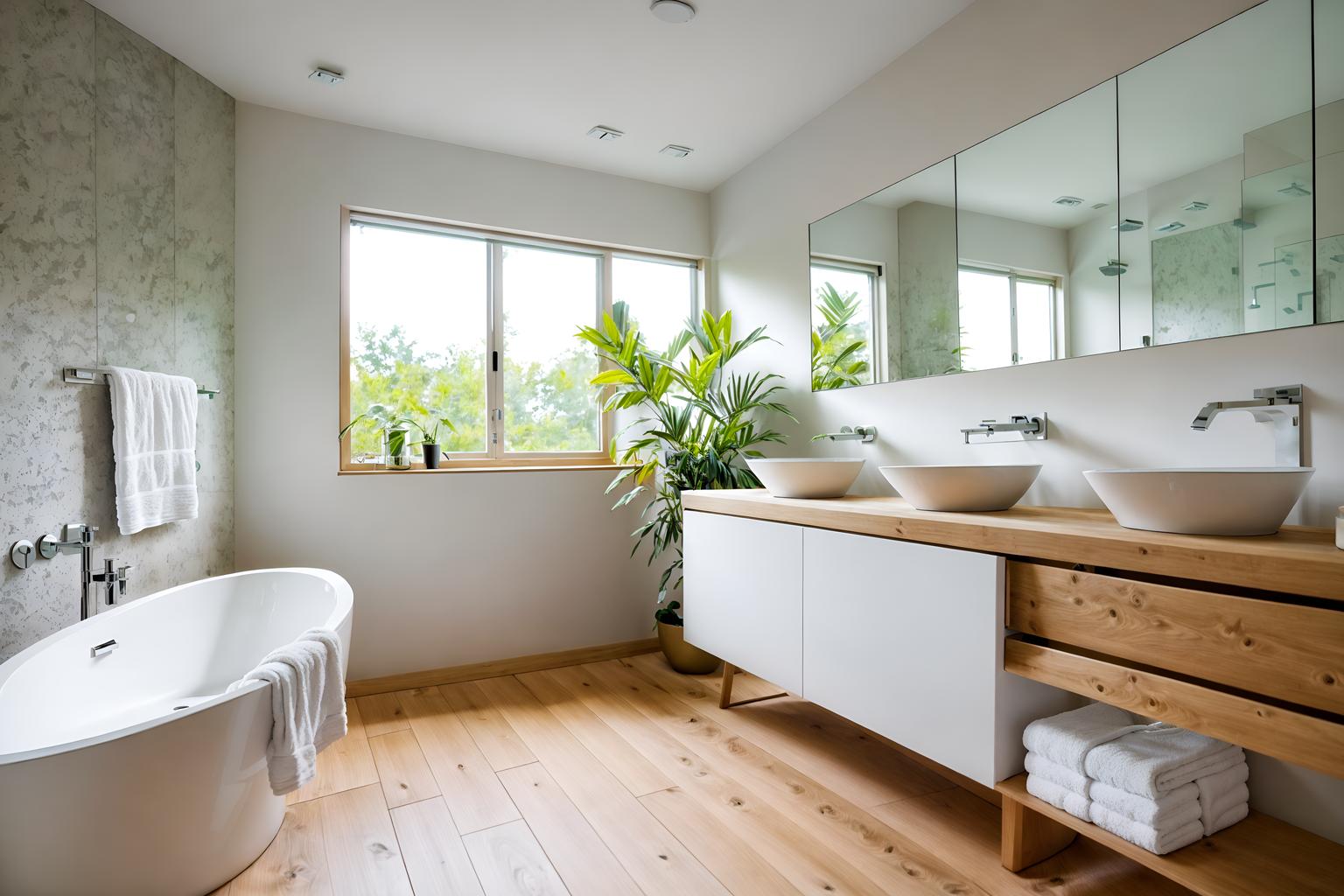 modern-style (bathroom interior) with toilet seat and bathroom sink with faucet and bath rail and bath towel and mirror and waste basket and shower and plant. . with practicality and functionality and natural materials and elements and neutral walls and textures and open and natural lighting and simple, clean lines and simplistic furniture and practicality and functionality. . cinematic photo, highly detailed, cinematic lighting, ultra-detailed, ultrarealistic, photorealism, 8k. modern interior design style. masterpiece, cinematic light, ultrarealistic+, photorealistic+, 8k, raw photo, realistic, sharp focus on eyes, (symmetrical eyes), (intact eyes), hyperrealistic, highest quality, best quality, , highly detailed, masterpiece, best quality, extremely detailed 8k wallpaper, masterpiece, best quality, ultra-detailed, best shadow, detailed background, detailed face, detailed eyes, high contrast, best illumination, detailed face, dulux, caustic, dynamic angle, detailed glow. dramatic lighting. highly detailed, insanely detailed hair, symmetrical, intricate details, professionally retouched, 8k high definition. strong bokeh. award winning photo.