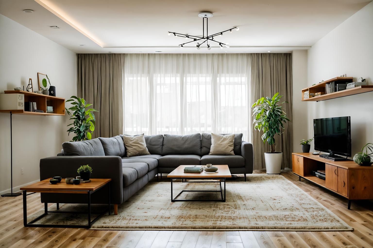 modern-style (living room interior) with coffee tables and chairs and televisions and electric lamps and bookshelves and plant and rug and furniture. . with neutral walls and textures and practicality and functionality and simple, clean lines and simplistic furniture and natural materials and elements and open and natural lighting and neutral walls and textures. . cinematic photo, highly detailed, cinematic lighting, ultra-detailed, ultrarealistic, photorealism, 8k. modern interior design style. masterpiece, cinematic light, ultrarealistic+, photorealistic+, 8k, raw photo, realistic, sharp focus on eyes, (symmetrical eyes), (intact eyes), hyperrealistic, highest quality, best quality, , highly detailed, masterpiece, best quality, extremely detailed 8k wallpaper, masterpiece, best quality, ultra-detailed, best shadow, detailed background, detailed face, detailed eyes, high contrast, best illumination, detailed face, dulux, caustic, dynamic angle, detailed glow. dramatic lighting. highly detailed, insanely detailed hair, symmetrical, intricate details, professionally retouched, 8k high definition. strong bokeh. award winning photo.