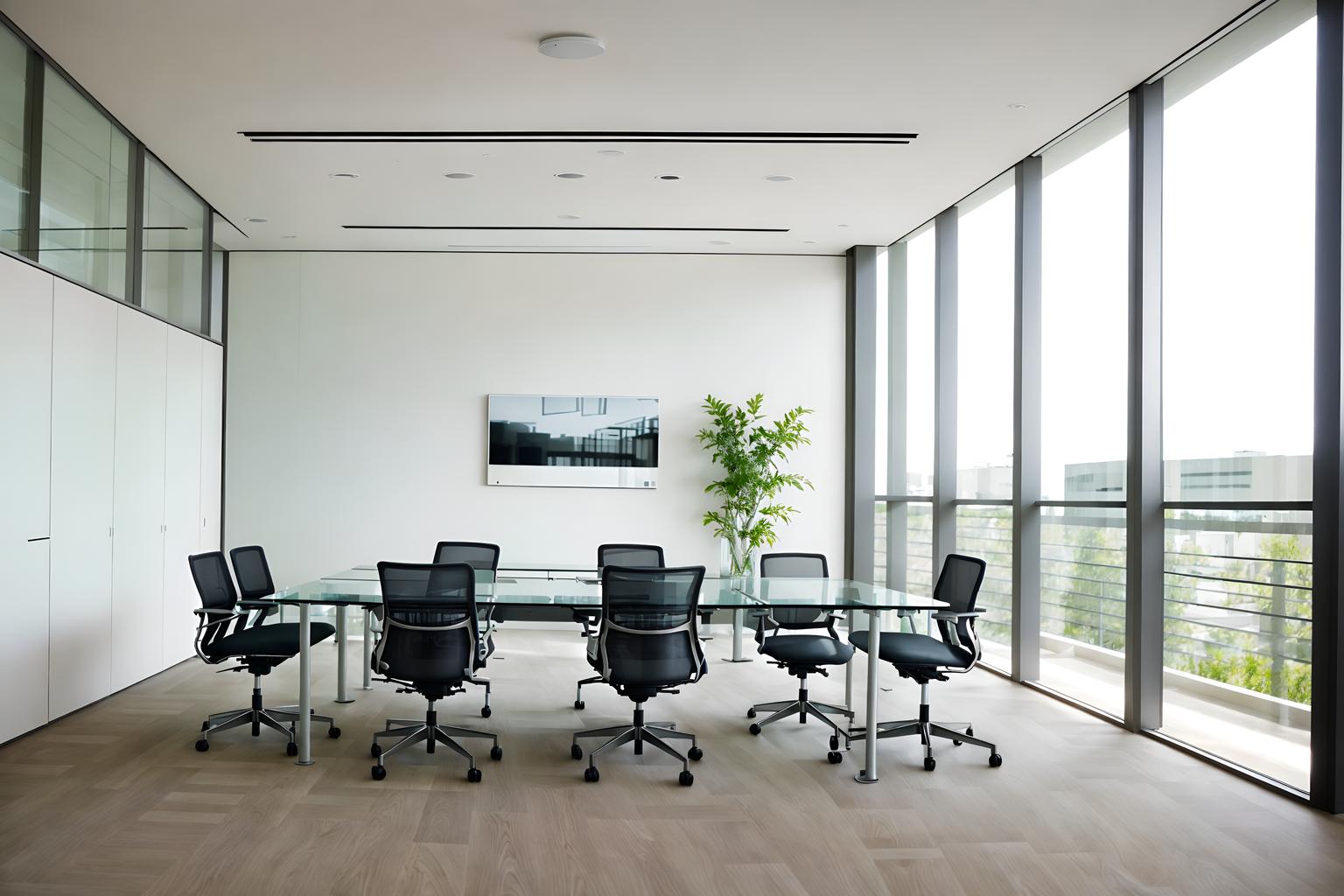 modern-style (meeting room interior) with office chairs and glass doors and boardroom table and cabinets and vase and glass walls and painting or photo on wall and plant. . with simple, clean lines and simplistic furniture and neutral walls and textures and practicality and functionality and natural materials and elements and open and natural lighting and simple, clean lines and simplistic furniture. . cinematic photo, highly detailed, cinematic lighting, ultra-detailed, ultrarealistic, photorealism, 8k. modern interior design style. masterpiece, cinematic light, ultrarealistic+, photorealistic+, 8k, raw photo, realistic, sharp focus on eyes, (symmetrical eyes), (intact eyes), hyperrealistic, highest quality, best quality, , highly detailed, masterpiece, best quality, extremely detailed 8k wallpaper, masterpiece, best quality, ultra-detailed, best shadow, detailed background, detailed face, detailed eyes, high contrast, best illumination, detailed face, dulux, caustic, dynamic angle, detailed glow. dramatic lighting. highly detailed, insanely detailed hair, symmetrical, intricate details, professionally retouched, 8k high definition. strong bokeh. award winning photo.