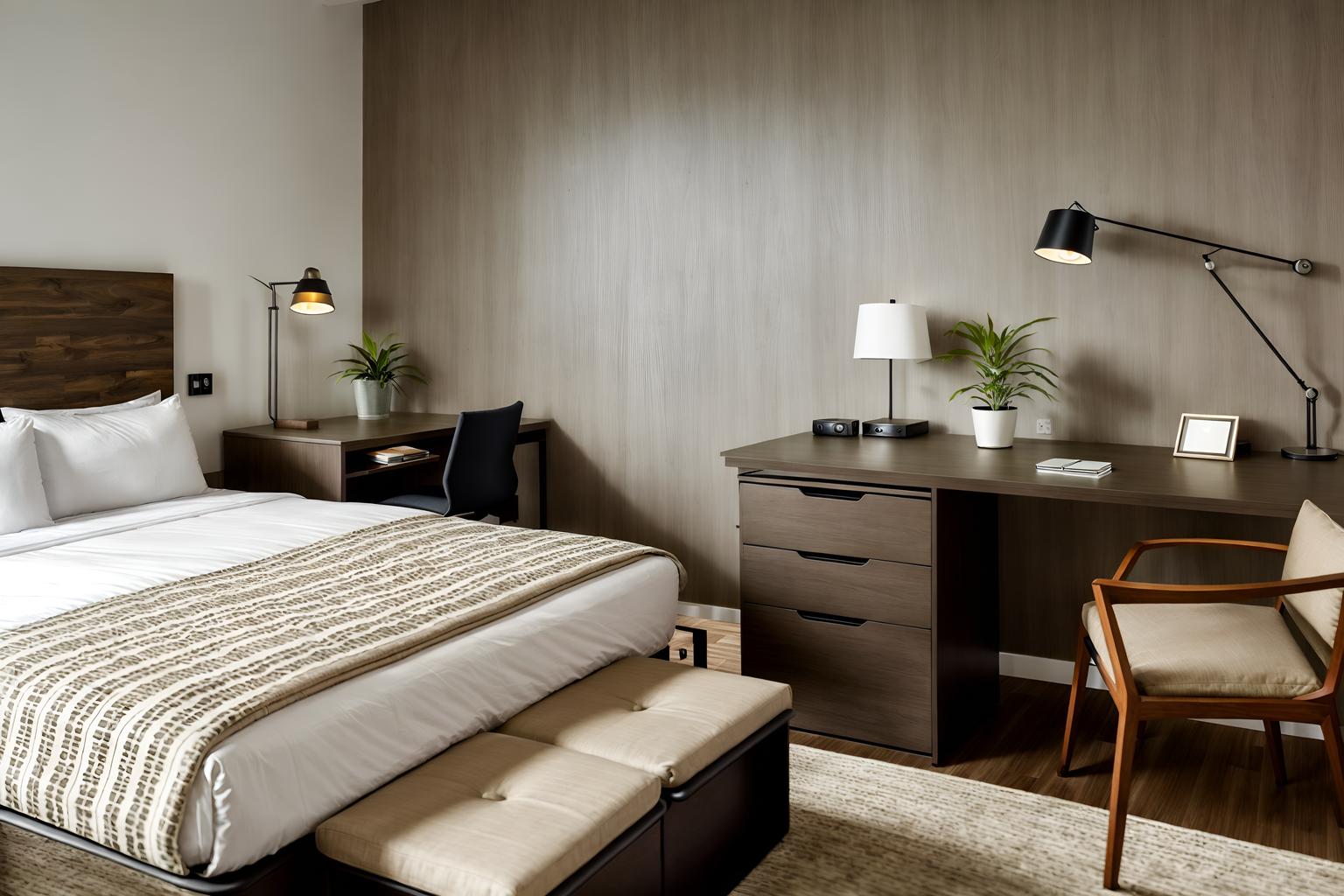 modern-style (hotel room interior) with storage bench or ottoman and plant and working desk with desk chair and accent chair and hotel bathroom and bedside table or night stand and bed and night light. . with open and natural lighting and practicality and functionality and neutral walls and textures and natural materials and elements and simple, clean lines and simplistic furniture and open and natural lighting. . cinematic photo, highly detailed, cinematic lighting, ultra-detailed, ultrarealistic, photorealism, 8k. modern interior design style. masterpiece, cinematic light, ultrarealistic+, photorealistic+, 8k, raw photo, realistic, sharp focus on eyes, (symmetrical eyes), (intact eyes), hyperrealistic, highest quality, best quality, , highly detailed, masterpiece, best quality, extremely detailed 8k wallpaper, masterpiece, best quality, ultra-detailed, best shadow, detailed background, detailed face, detailed eyes, high contrast, best illumination, detailed face, dulux, caustic, dynamic angle, detailed glow. dramatic lighting. highly detailed, insanely detailed hair, symmetrical, intricate details, professionally retouched, 8k high definition. strong bokeh. award winning photo.