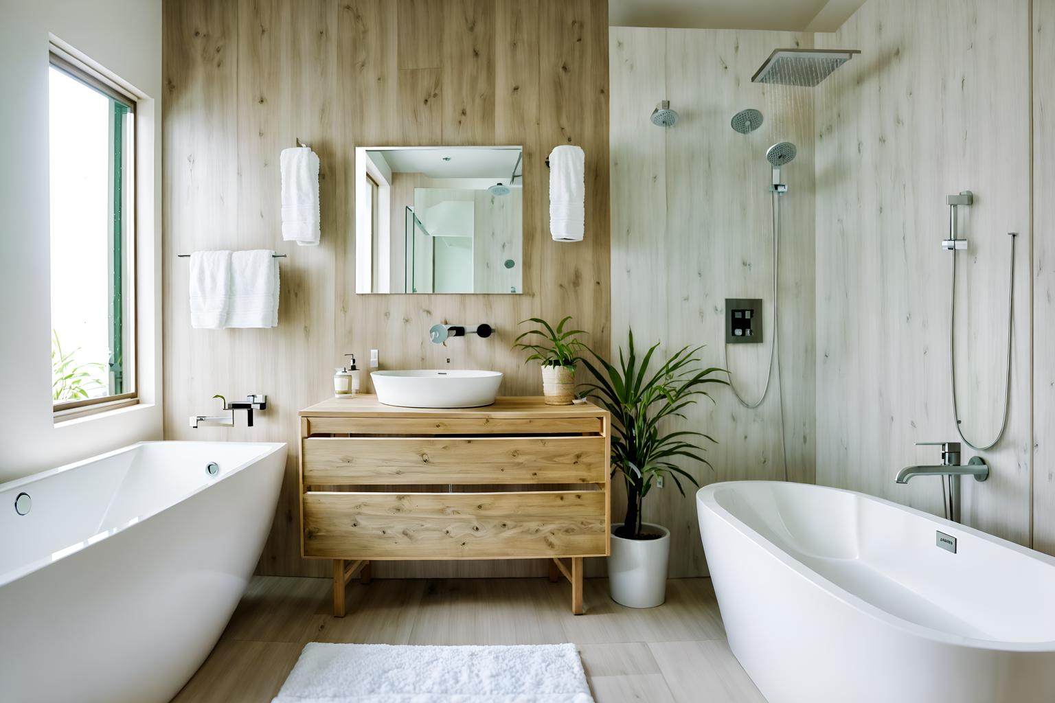 modern-style (hotel bathroom interior) with toilet seat and mirror and bath rail and plant and shower and bathtub and bath towel and bathroom sink with faucet. . with natural materials and elements and practicality and functionality and open and natural lighting and neutral walls and textures and simple, clean lines and simplistic furniture and natural materials and elements. . cinematic photo, highly detailed, cinematic lighting, ultra-detailed, ultrarealistic, photorealism, 8k. modern interior design style. masterpiece, cinematic light, ultrarealistic+, photorealistic+, 8k, raw photo, realistic, sharp focus on eyes, (symmetrical eyes), (intact eyes), hyperrealistic, highest quality, best quality, , highly detailed, masterpiece, best quality, extremely detailed 8k wallpaper, masterpiece, best quality, ultra-detailed, best shadow, detailed background, detailed face, detailed eyes, high contrast, best illumination, detailed face, dulux, caustic, dynamic angle, detailed glow. dramatic lighting. highly detailed, insanely detailed hair, symmetrical, intricate details, professionally retouched, 8k high definition. strong bokeh. award winning photo.