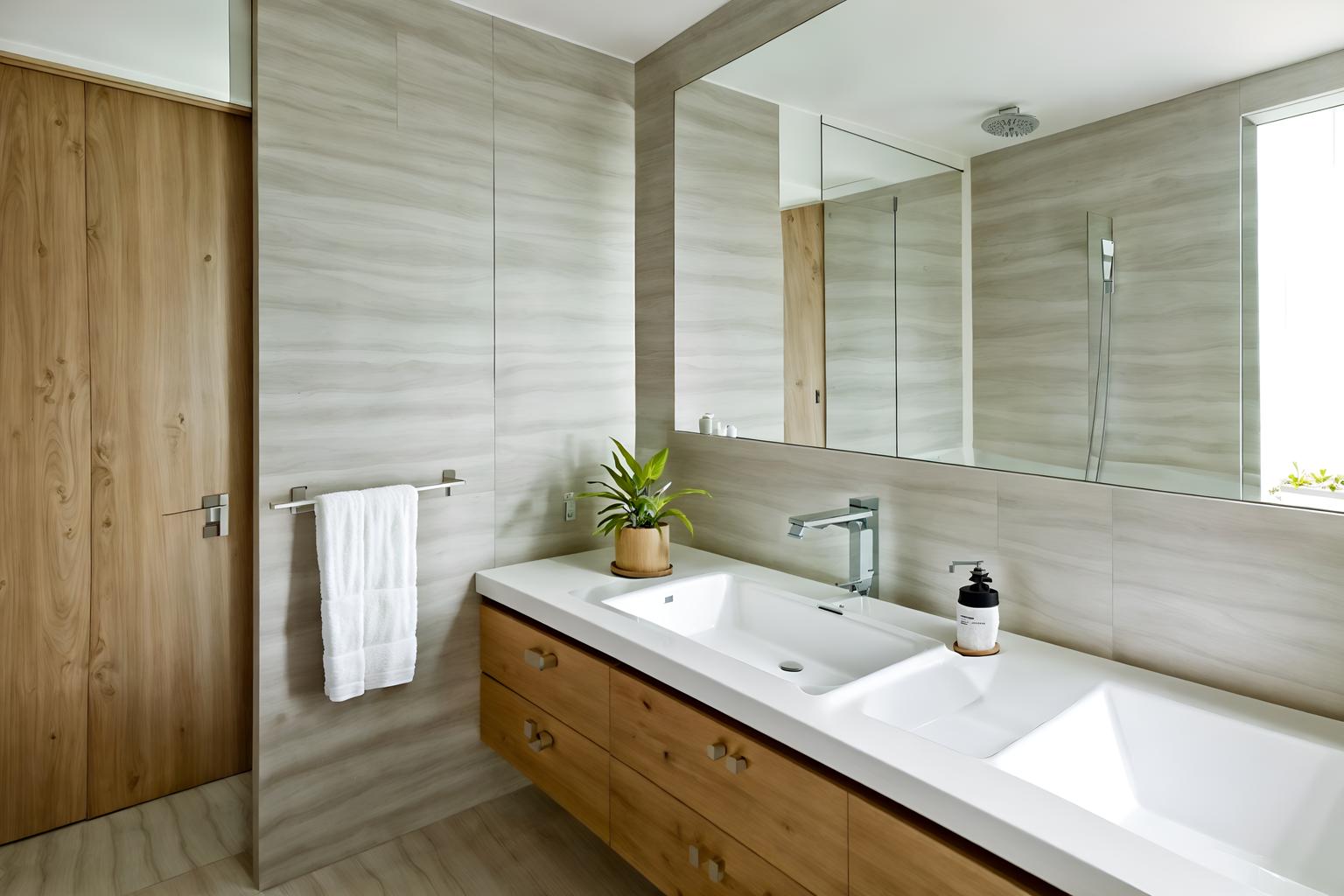 modern-style (hotel bathroom interior) with toilet seat and mirror and bath rail and plant and shower and bathtub and bath towel and bathroom sink with faucet. . with natural materials and elements and practicality and functionality and open and natural lighting and neutral walls and textures and simple, clean lines and simplistic furniture and natural materials and elements. . cinematic photo, highly detailed, cinematic lighting, ultra-detailed, ultrarealistic, photorealism, 8k. modern interior design style. masterpiece, cinematic light, ultrarealistic+, photorealistic+, 8k, raw photo, realistic, sharp focus on eyes, (symmetrical eyes), (intact eyes), hyperrealistic, highest quality, best quality, , highly detailed, masterpiece, best quality, extremely detailed 8k wallpaper, masterpiece, best quality, ultra-detailed, best shadow, detailed background, detailed face, detailed eyes, high contrast, best illumination, detailed face, dulux, caustic, dynamic angle, detailed glow. dramatic lighting. highly detailed, insanely detailed hair, symmetrical, intricate details, professionally retouched, 8k high definition. strong bokeh. award winning photo.