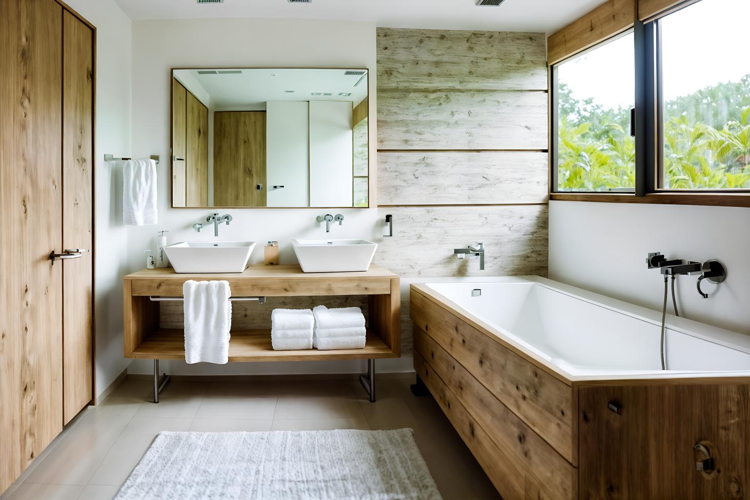 modern-style (hotel bathroom interior) with toilet seat and mirror and bath rail and plant and shower and bathtub and bath towel and bathroom sink with faucet. . with natural materials and elements and practicality and functionality and open and natural lighting and neutral walls and textures and simple, clean lines and simplistic furniture and natural materials and elements. . cinematic photo, highly detailed, cinematic lighting, ultra-detailed, ultrarealistic, photorealism, 8k. modern interior design style. masterpiece, cinematic light, ultrarealistic+, photorealistic+, 8k, raw photo, realistic, sharp focus on eyes, (symmetrical eyes), (intact eyes), hyperrealistic, highest quality, best quality, , highly detailed, masterpiece, best quality, extremely detailed 8k wallpaper, masterpiece, best quality, ultra-detailed, best shadow, detailed background, detailed face, detailed eyes, high contrast, best illumination, detailed face, dulux, caustic, dynamic angle, detailed glow. dramatic lighting. highly detailed, insanely detailed hair, symmetrical, intricate details, professionally retouched, 8k high definition. strong bokeh. award winning photo.