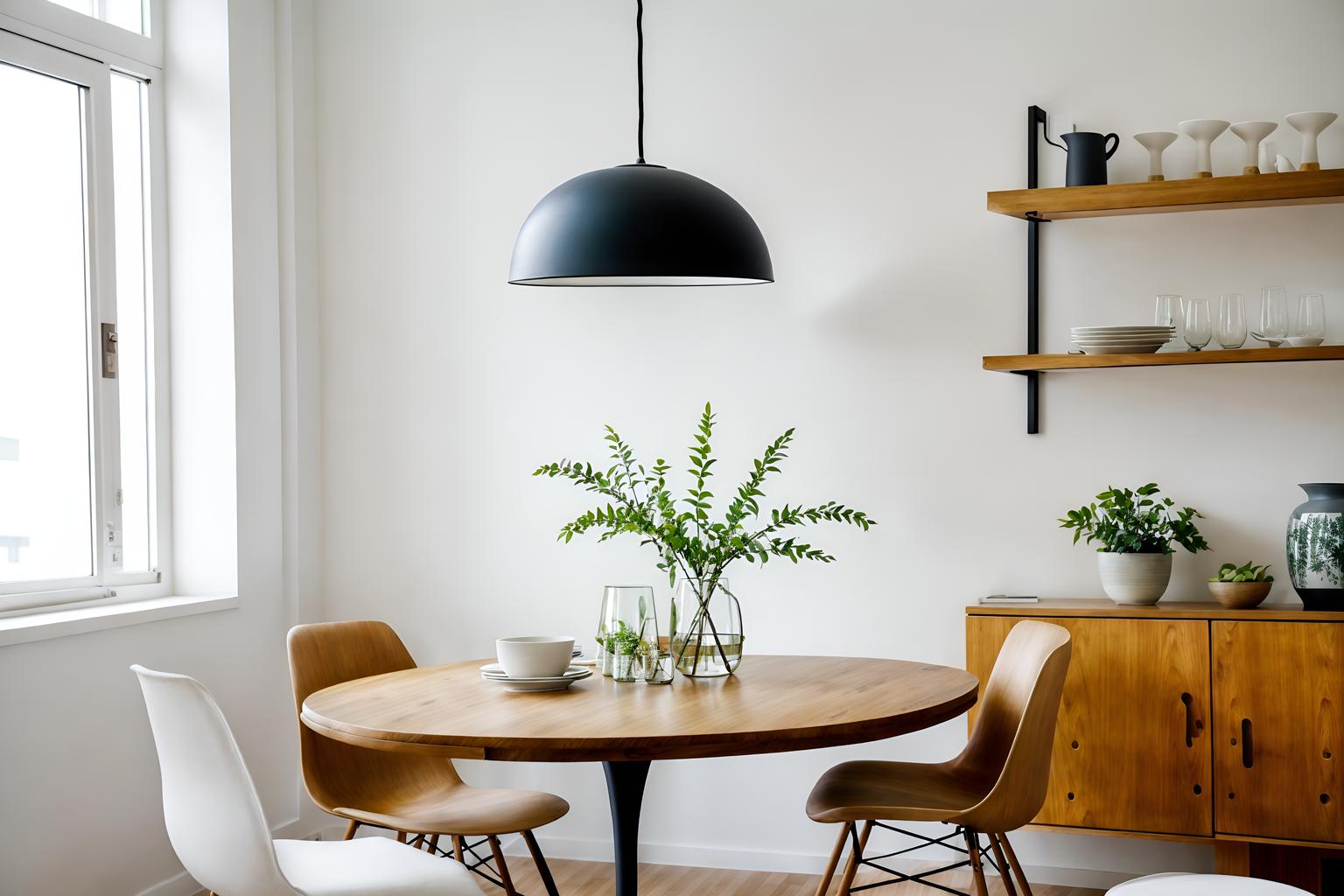 modern-style (dining room interior) with plant and dining table and bookshelves and vase and dining table chairs and table cloth and plates, cutlery and glasses on dining table and painting or photo on wall. . with open and natural lighting and neutral walls and textures and practicality and functionality and simple, clean lines and simplistic furniture and natural materials and elements and open and natural lighting. . cinematic photo, highly detailed, cinematic lighting, ultra-detailed, ultrarealistic, photorealism, 8k. modern interior design style. masterpiece, cinematic light, ultrarealistic+, photorealistic+, 8k, raw photo, realistic, sharp focus on eyes, (symmetrical eyes), (intact eyes), hyperrealistic, highest quality, best quality, , highly detailed, masterpiece, best quality, extremely detailed 8k wallpaper, masterpiece, best quality, ultra-detailed, best shadow, detailed background, detailed face, detailed eyes, high contrast, best illumination, detailed face, dulux, caustic, dynamic angle, detailed glow. dramatic lighting. highly detailed, insanely detailed hair, symmetrical, intricate details, professionally retouched, 8k high definition. strong bokeh. award winning photo.