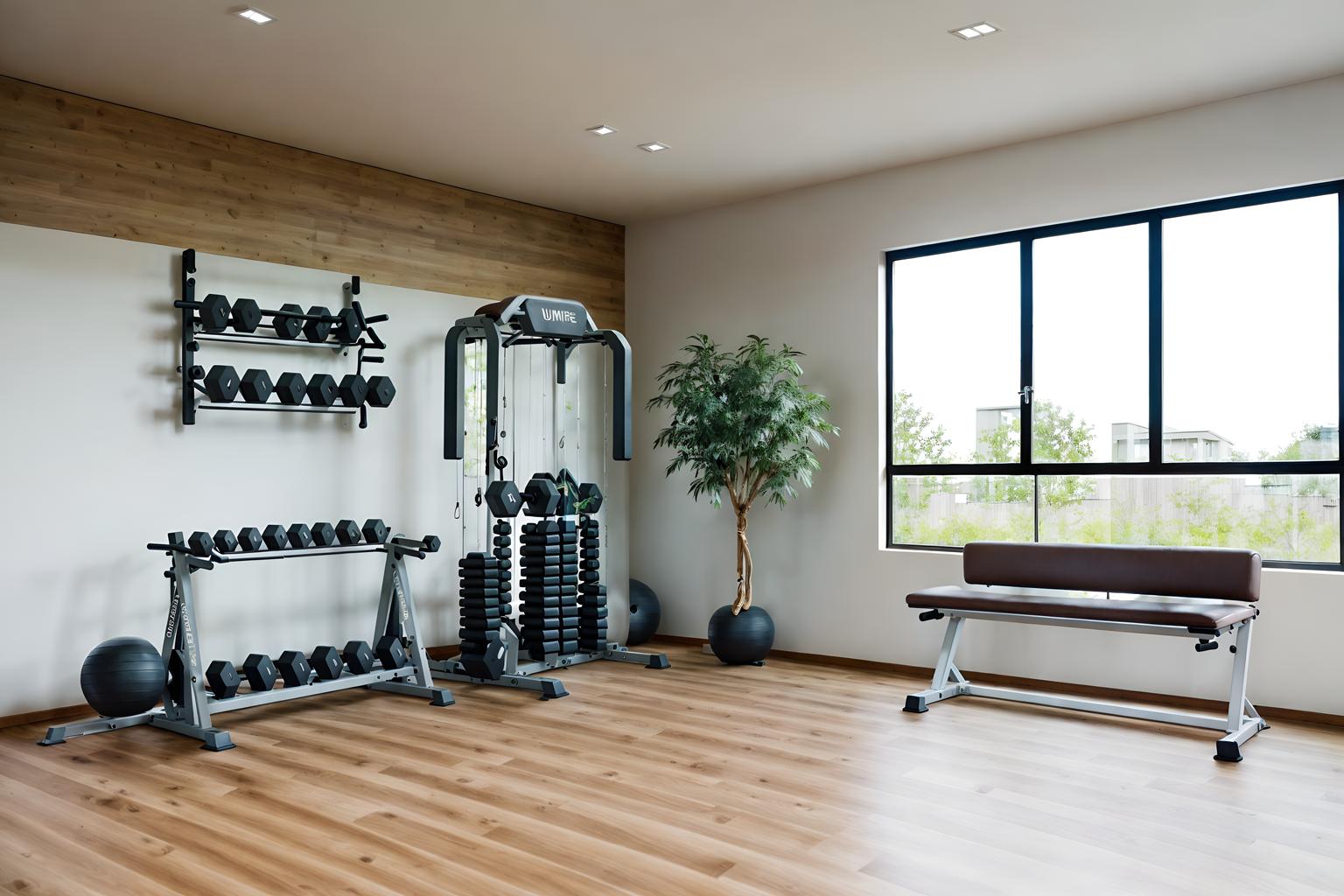 modern-style (fitness gym interior) with dumbbell stand and squat rack and bench press and crosstrainer and exercise bicycle and dumbbell stand. . with simple, clean lines and simplistic furniture and practicality and functionality and neutral walls and textures and natural materials and elements and open and natural lighting and simple, clean lines and simplistic furniture. . cinematic photo, highly detailed, cinematic lighting, ultra-detailed, ultrarealistic, photorealism, 8k. modern interior design style. masterpiece, cinematic light, ultrarealistic+, photorealistic+, 8k, raw photo, realistic, sharp focus on eyes, (symmetrical eyes), (intact eyes), hyperrealistic, highest quality, best quality, , highly detailed, masterpiece, best quality, extremely detailed 8k wallpaper, masterpiece, best quality, ultra-detailed, best shadow, detailed background, detailed face, detailed eyes, high contrast, best illumination, detailed face, dulux, caustic, dynamic angle, detailed glow. dramatic lighting. highly detailed, insanely detailed hair, symmetrical, intricate details, professionally retouched, 8k high definition. strong bokeh. award winning photo.