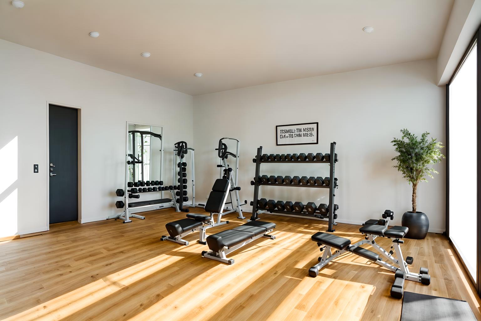 modern-style (fitness gym interior) with dumbbell stand and squat rack and bench press and crosstrainer and exercise bicycle and dumbbell stand. . with simple, clean lines and simplistic furniture and practicality and functionality and neutral walls and textures and natural materials and elements and open and natural lighting and simple, clean lines and simplistic furniture. . cinematic photo, highly detailed, cinematic lighting, ultra-detailed, ultrarealistic, photorealism, 8k. modern interior design style. masterpiece, cinematic light, ultrarealistic+, photorealistic+, 8k, raw photo, realistic, sharp focus on eyes, (symmetrical eyes), (intact eyes), hyperrealistic, highest quality, best quality, , highly detailed, masterpiece, best quality, extremely detailed 8k wallpaper, masterpiece, best quality, ultra-detailed, best shadow, detailed background, detailed face, detailed eyes, high contrast, best illumination, detailed face, dulux, caustic, dynamic angle, detailed glow. dramatic lighting. highly detailed, insanely detailed hair, symmetrical, intricate details, professionally retouched, 8k high definition. strong bokeh. award winning photo.