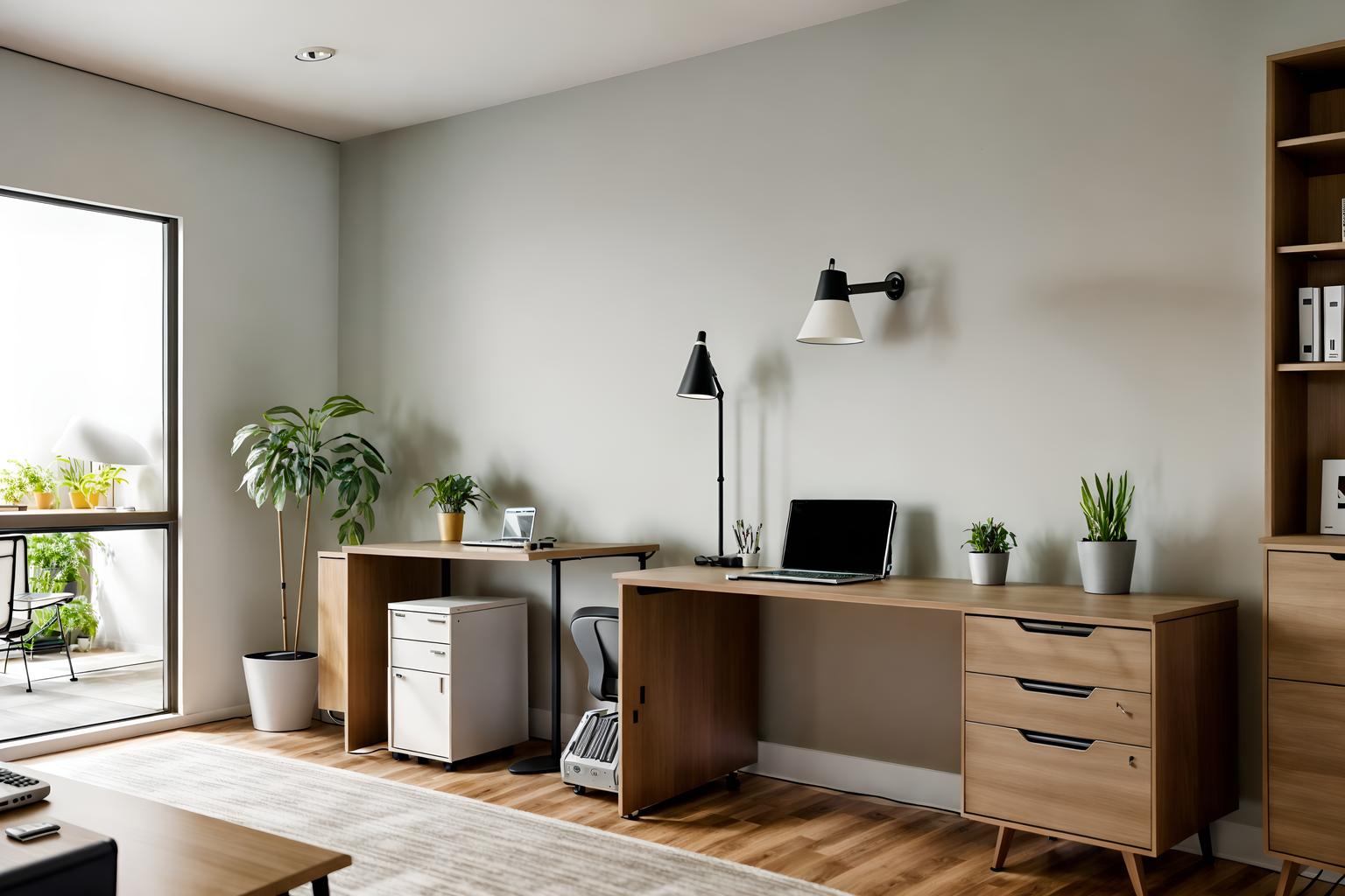 modern-style (home office interior) with computer desk and cabinets and plant and office chair and desk lamp and computer desk. . with practicality and functionality and neutral walls and textures and natural materials and elements and simple, clean lines and simplistic furniture and open and natural lighting and practicality and functionality. . cinematic photo, highly detailed, cinematic lighting, ultra-detailed, ultrarealistic, photorealism, 8k. modern interior design style. masterpiece, cinematic light, ultrarealistic+, photorealistic+, 8k, raw photo, realistic, sharp focus on eyes, (symmetrical eyes), (intact eyes), hyperrealistic, highest quality, best quality, , highly detailed, masterpiece, best quality, extremely detailed 8k wallpaper, masterpiece, best quality, ultra-detailed, best shadow, detailed background, detailed face, detailed eyes, high contrast, best illumination, detailed face, dulux, caustic, dynamic angle, detailed glow. dramatic lighting. highly detailed, insanely detailed hair, symmetrical, intricate details, professionally retouched, 8k high definition. strong bokeh. award winning photo.