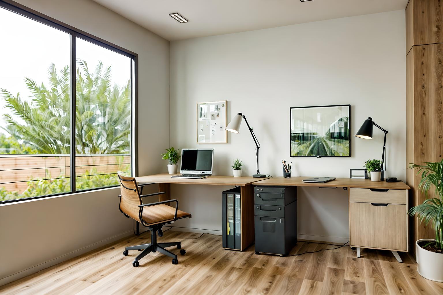 modern-style (home office interior) with computer desk and cabinets and plant and office chair and desk lamp and computer desk. . with practicality and functionality and neutral walls and textures and natural materials and elements and simple, clean lines and simplistic furniture and open and natural lighting and practicality and functionality. . cinematic photo, highly detailed, cinematic lighting, ultra-detailed, ultrarealistic, photorealism, 8k. modern interior design style. masterpiece, cinematic light, ultrarealistic+, photorealistic+, 8k, raw photo, realistic, sharp focus on eyes, (symmetrical eyes), (intact eyes), hyperrealistic, highest quality, best quality, , highly detailed, masterpiece, best quality, extremely detailed 8k wallpaper, masterpiece, best quality, ultra-detailed, best shadow, detailed background, detailed face, detailed eyes, high contrast, best illumination, detailed face, dulux, caustic, dynamic angle, detailed glow. dramatic lighting. highly detailed, insanely detailed hair, symmetrical, intricate details, professionally retouched, 8k high definition. strong bokeh. award winning photo.