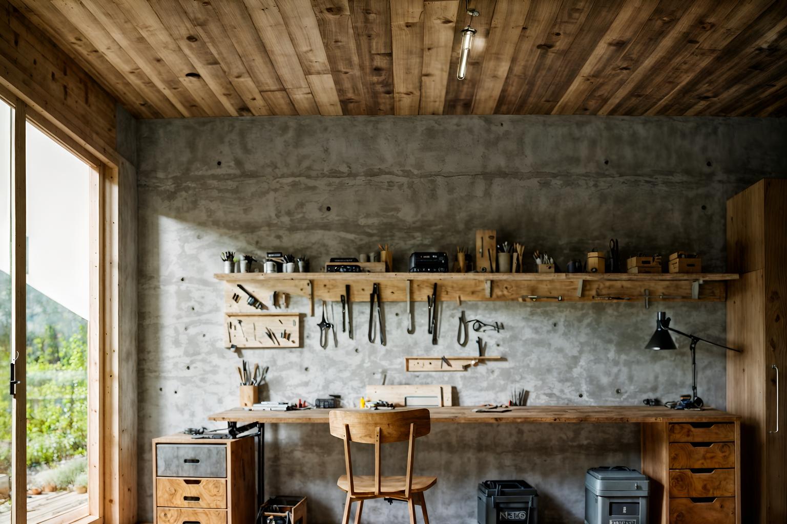 modern-style (workshop interior) with tool wall and messy and wooden workbench and tool wall. . with natural materials and elements and simple, clean lines and simplistic furniture and neutral walls and textures and practicality and functionality and open and natural lighting and natural materials and elements. . cinematic photo, highly detailed, cinematic lighting, ultra-detailed, ultrarealistic, photorealism, 8k. modern interior design style. masterpiece, cinematic light, ultrarealistic+, photorealistic+, 8k, raw photo, realistic, sharp focus on eyes, (symmetrical eyes), (intact eyes), hyperrealistic, highest quality, best quality, , highly detailed, masterpiece, best quality, extremely detailed 8k wallpaper, masterpiece, best quality, ultra-detailed, best shadow, detailed background, detailed face, detailed eyes, high contrast, best illumination, detailed face, dulux, caustic, dynamic angle, detailed glow. dramatic lighting. highly detailed, insanely detailed hair, symmetrical, intricate details, professionally retouched, 8k high definition. strong bokeh. award winning photo.